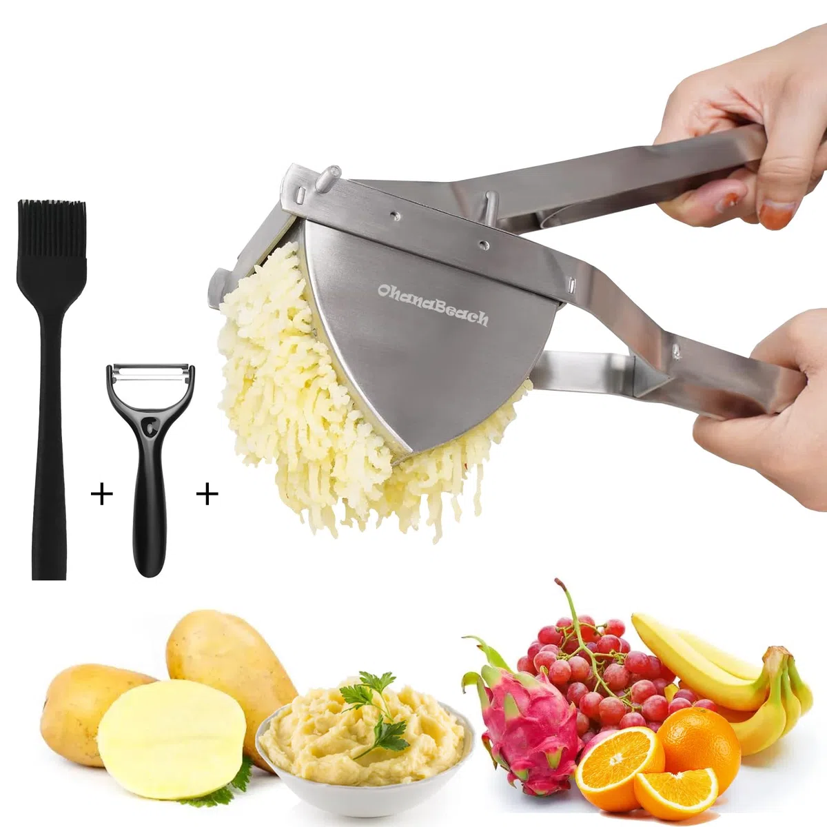 OhanaBeach® Schiacciapatate professionale in acciaio inox. Manico in acciaio spesso. Per schiacciare patate, verdure e frutta。passatelli attrezzo。schiacciapatate acciaio inox。kartoffelpresse