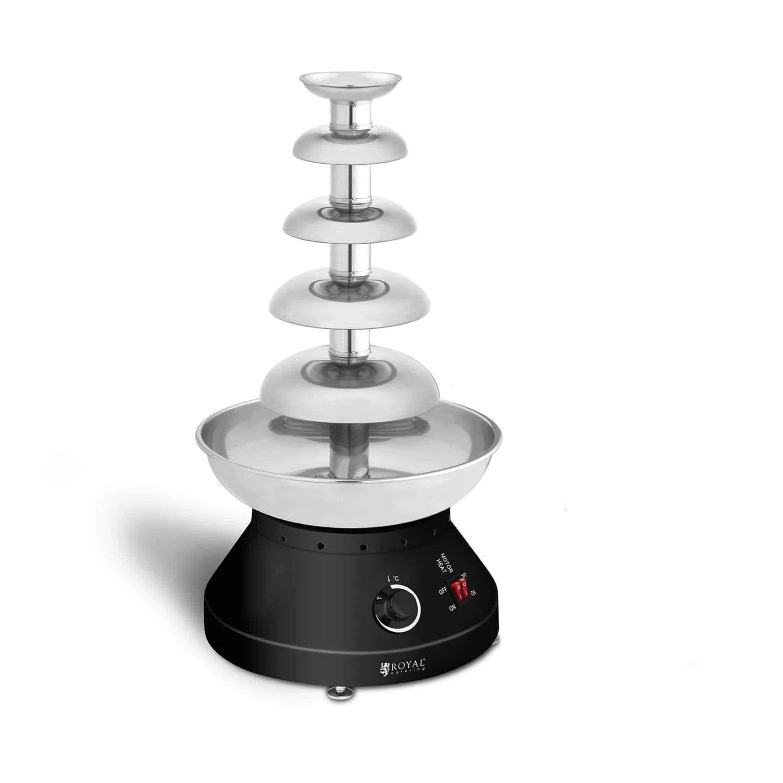 Royal Catering Fontana di Cioccolato Professionale per Fonduta RCCF-210 (250 W, 5 Piani, 30-110 °C, 4 L Capacità, 10-12 h Ciclo di lavoro)