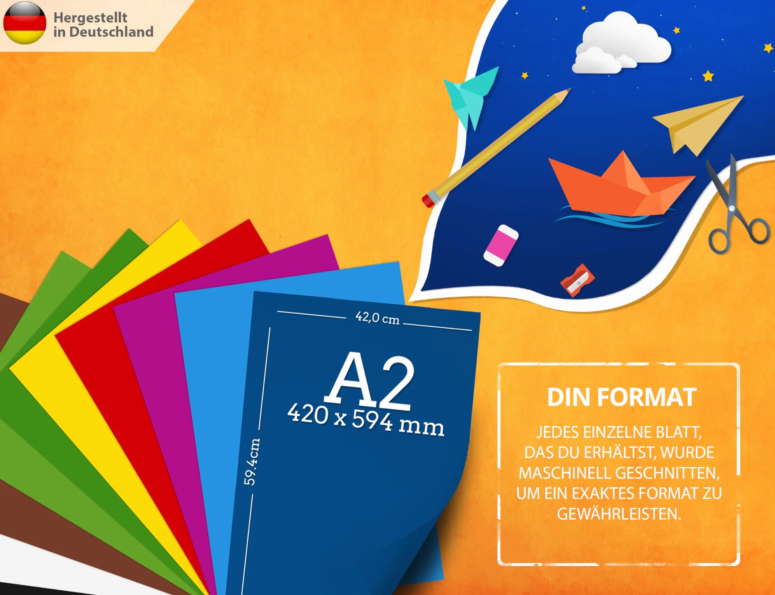 50 fogli di CARTA COLORATA DIN A2 - set di cartoncini da costruzione 130 g/m² 10 colori - accessori per l'artigianato per regali di album fotografici, essere creativi, MADE IN GERMANY