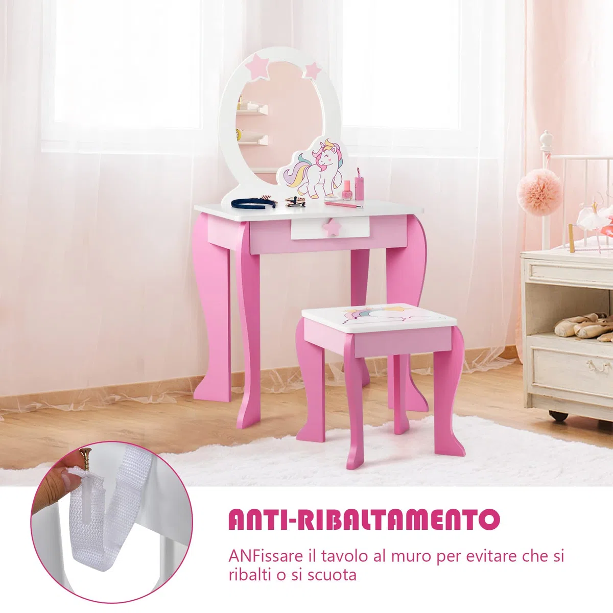 RELAX4LIFE Toeletta da Trucco con Sgabello per Bambini, Scrivania con Specchio Rotondo Rimovibile, Cassetto con Manopola a Stella, Scrivania e Sedia per Cameretta, Modello Unicorno (Rosa)