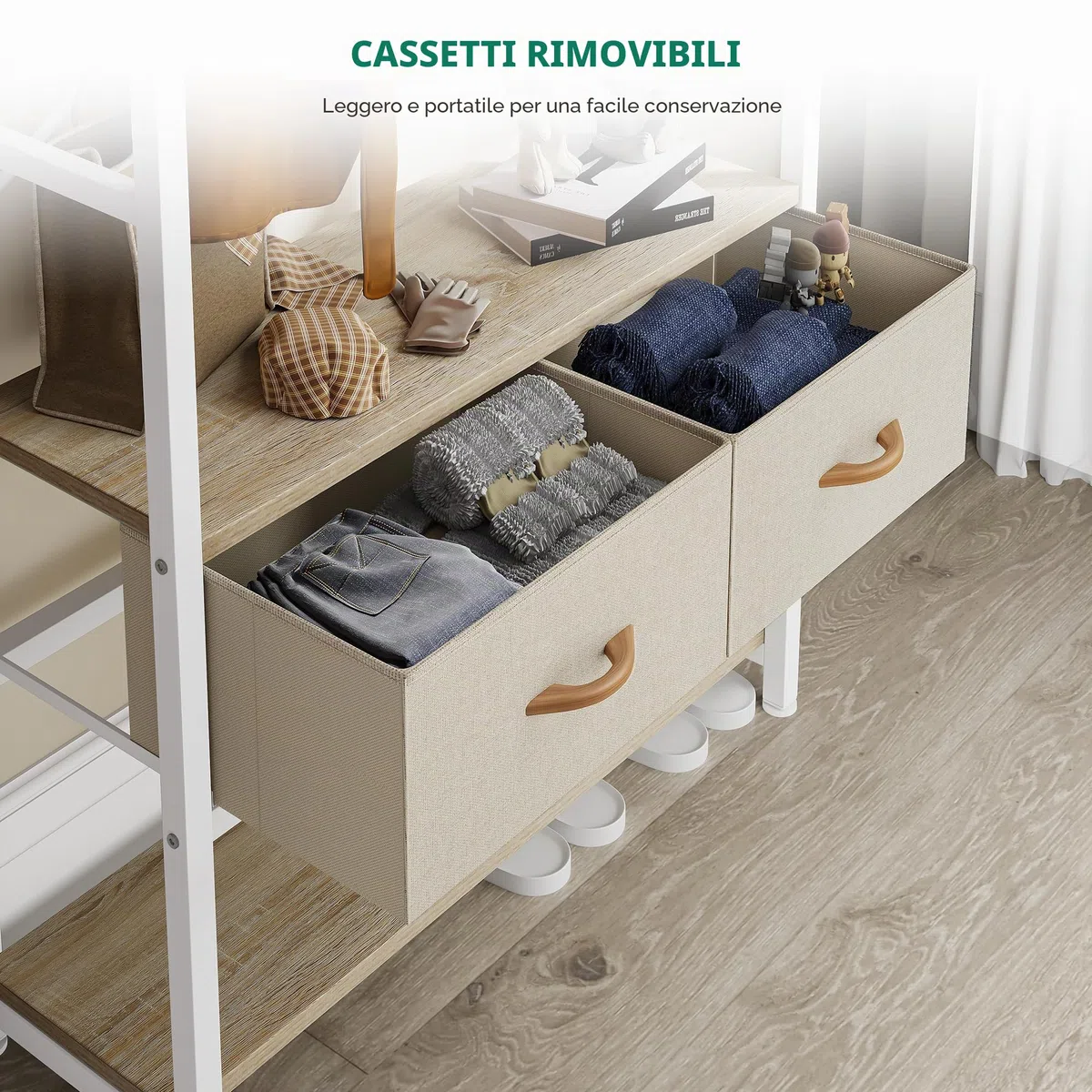 YITAHOME Appendiabiti, Attaccapanni da Ingresso 6 in 1 con 2 Cassetti, Porta Abiti da Terra con Vano Portascarpe, Asta Appendiabiti in legno e Metallo, per Soggiorno Ingresso, Bianco e rovere