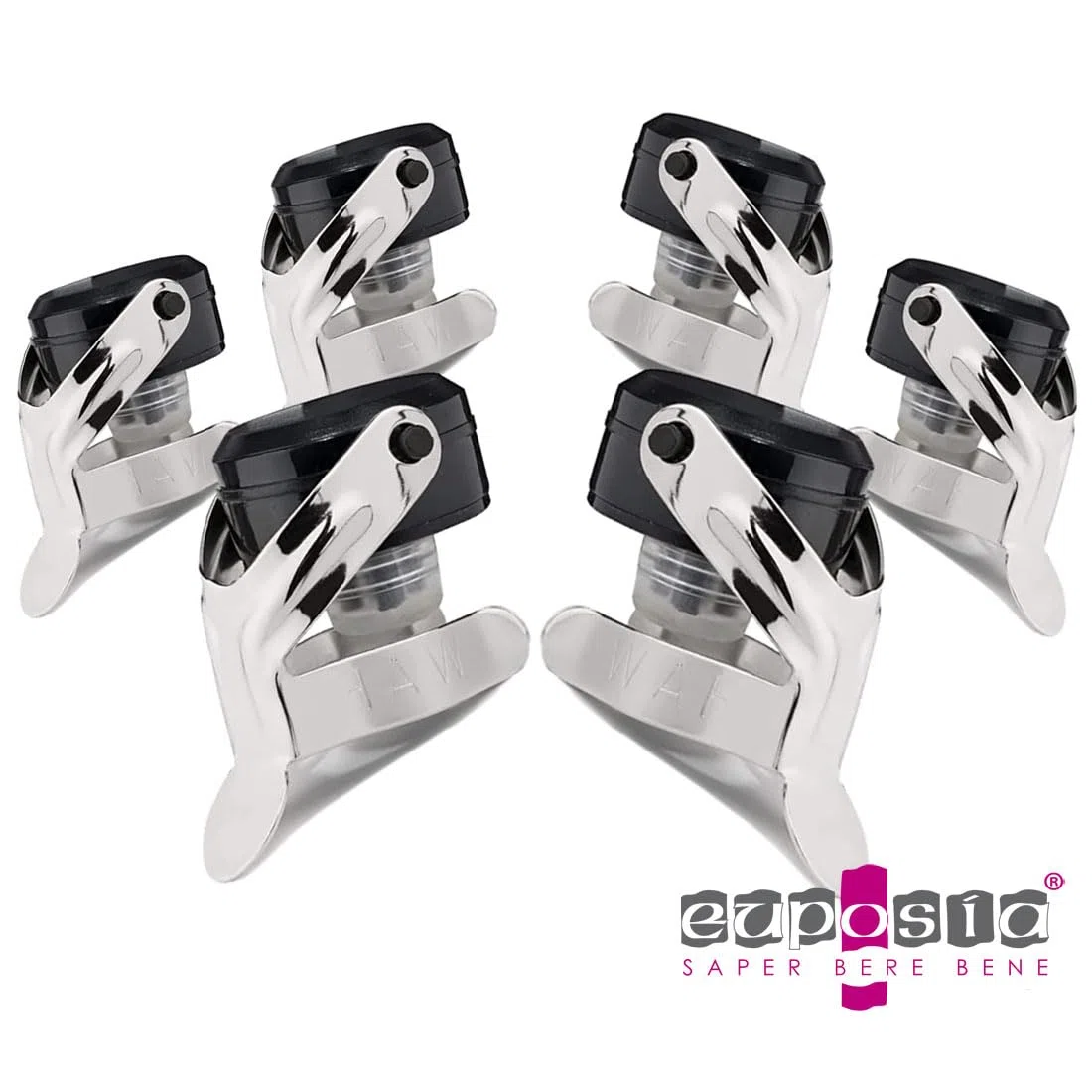 EUPOSIA - Made in Italy - SUPERTAPPO - Set di Stopper Universale Vino & Champagne - BLOCKWAF System fino a 6 Atm. - In Acciaio Cromato e Silicone - Mod. 1920 con Aletta INOX (Nero-6 pz)