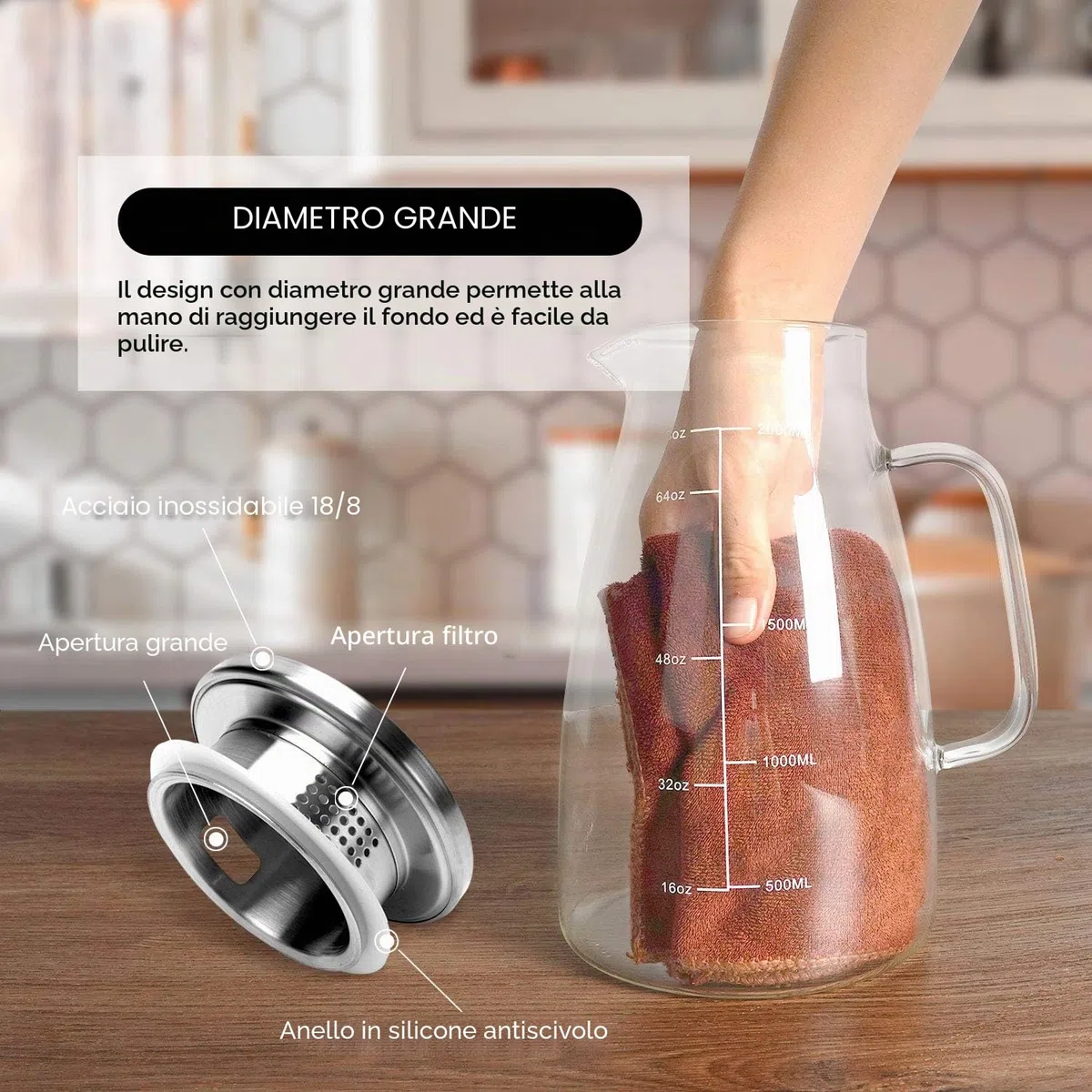 Caraffa in Vetro 2L Graduata Aofmee, Brocca con Coperchio Acciaio Inox 304, in Borosilicato, Caraffa Acqua per Frigorifero, Tè Freddo, Succo, Bevande