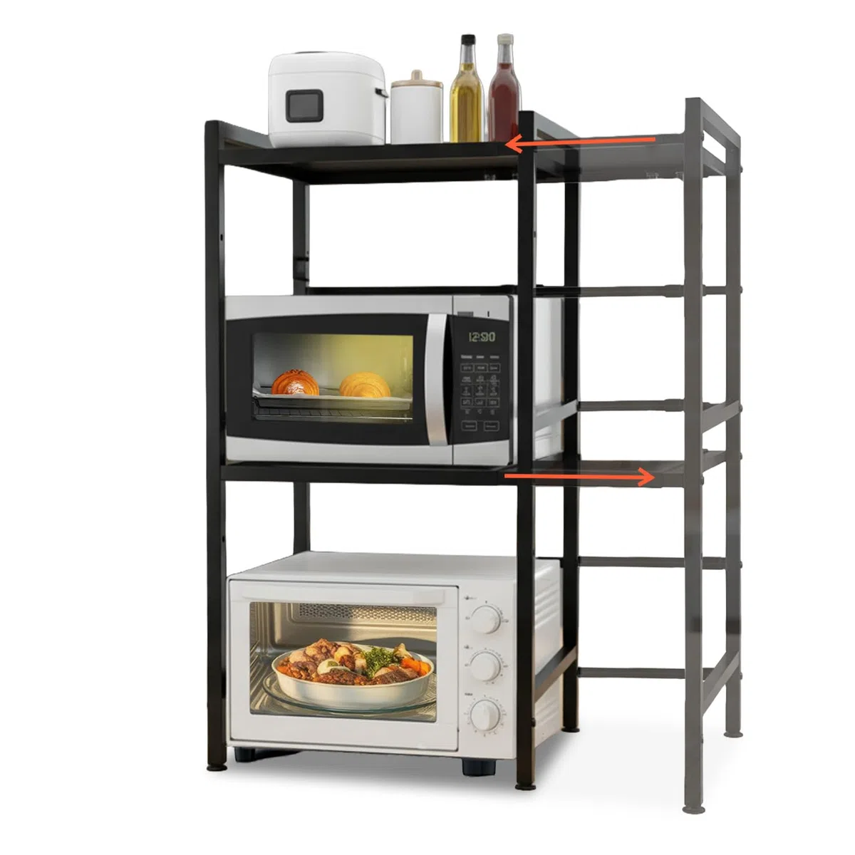 Avilia – Scaffale a 3 Ripiani, 25kg Espandibili e Regolabili, Cucina Microonde, Organizer Spezie Utensili Elettrodomestici, 6 Ganci Laterali Salvaspazio Dispensa Lavanderia Acciaio