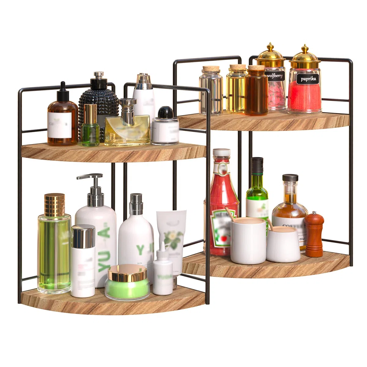 2x Organizzatore Angolare a 2 Ripiani, Organizer per il Piano di Lavoro del Bagno, Portaspezie Organizzatore, Porta Trucchi Organizer per Toeletta, Camera da Letto, Bagno, Cucina (Marrone)