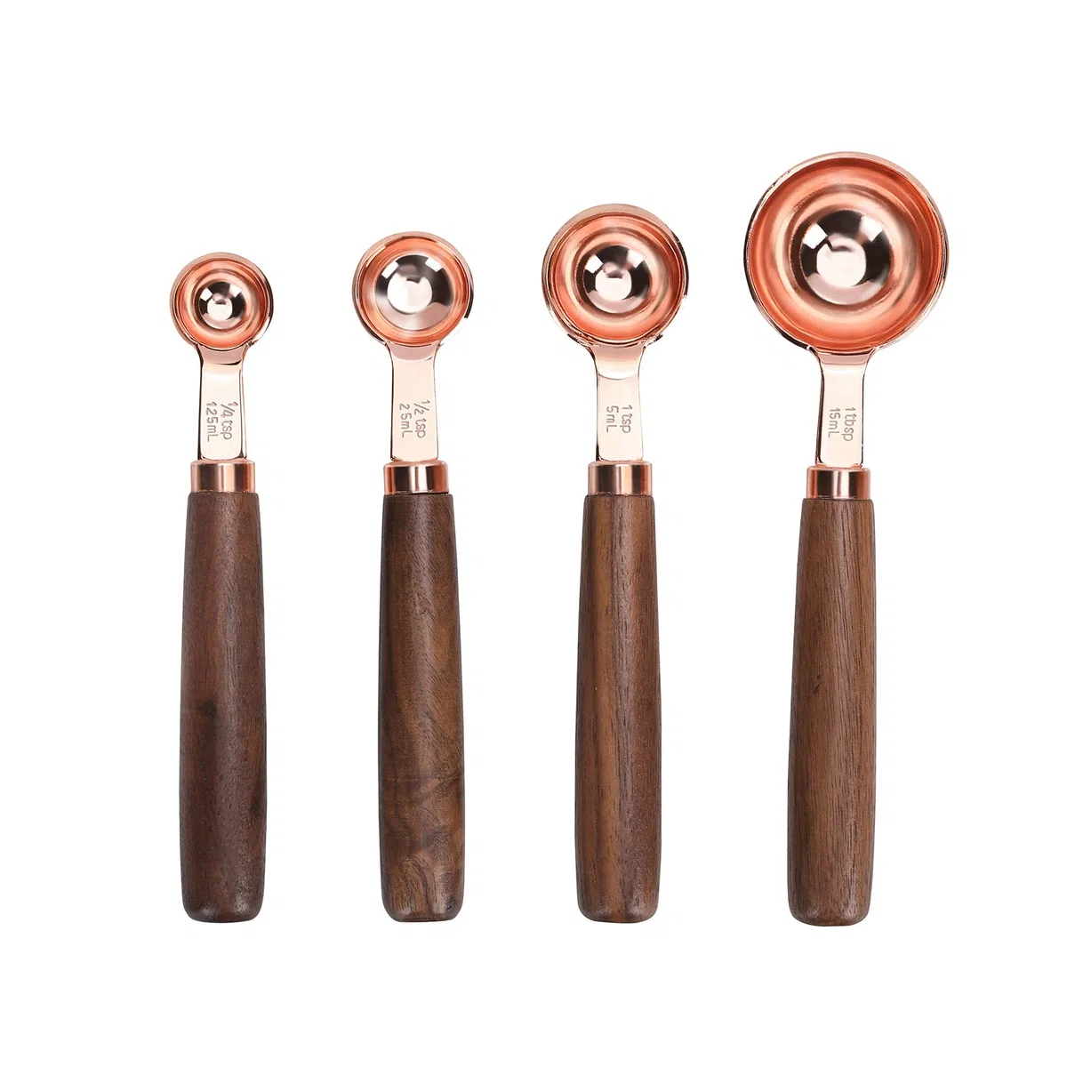 GuDoQi Cucchiai Dosatori Set, 8 Pezzi, Specchio In Acciaio Inossidabile Lucidato Premium, Manico in Legno, 4 Misurino Graduato, 4 Misurini Cucchiai per Misurare Razioni a Secco e Liquidi (Oro Rosa)