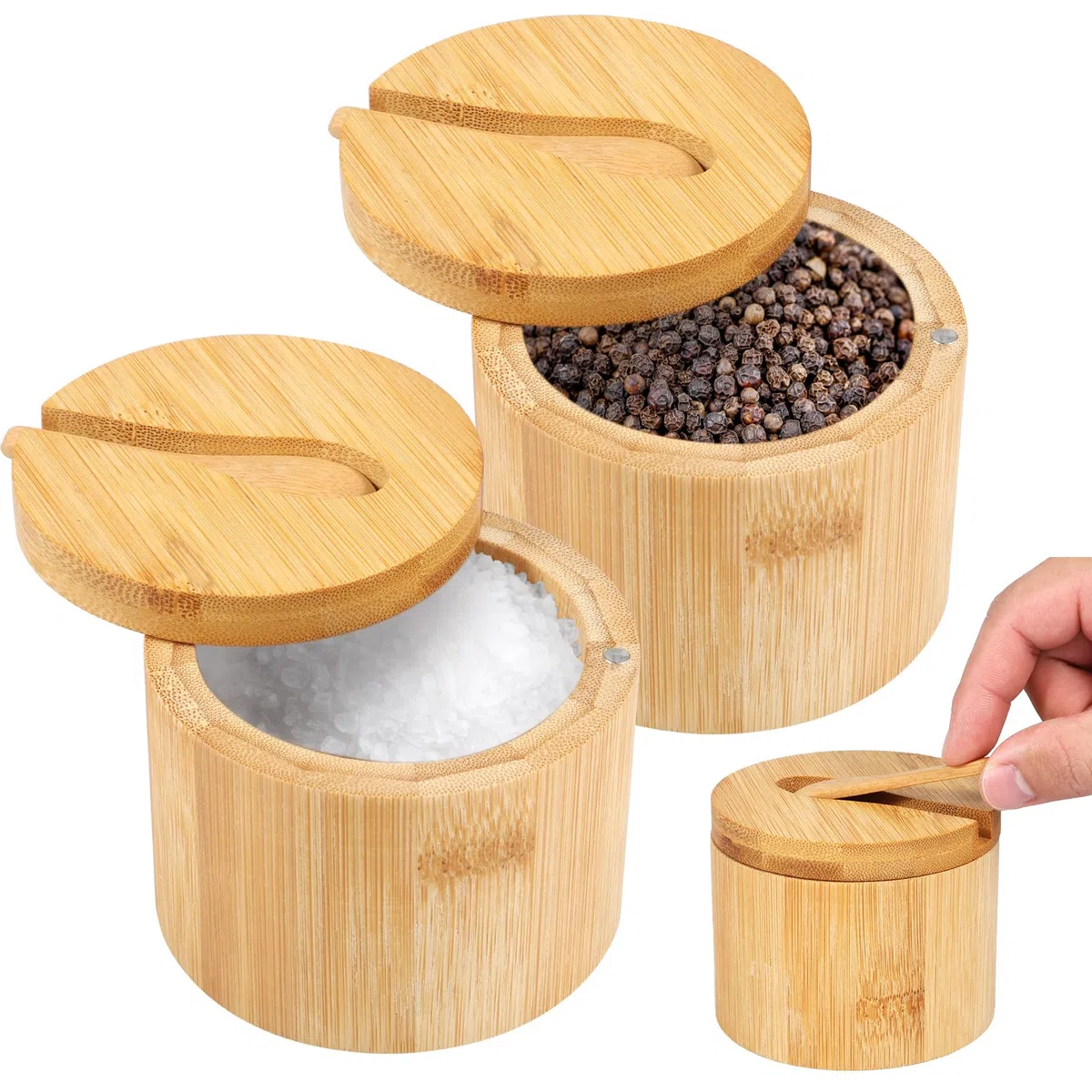 2 ciotole per sale e pepe, in legno, rotonde, con coperchio girevole magnetico e cucchiaio, contenitore per sale e condimenti, per sale, pepe, spezie e zucchero