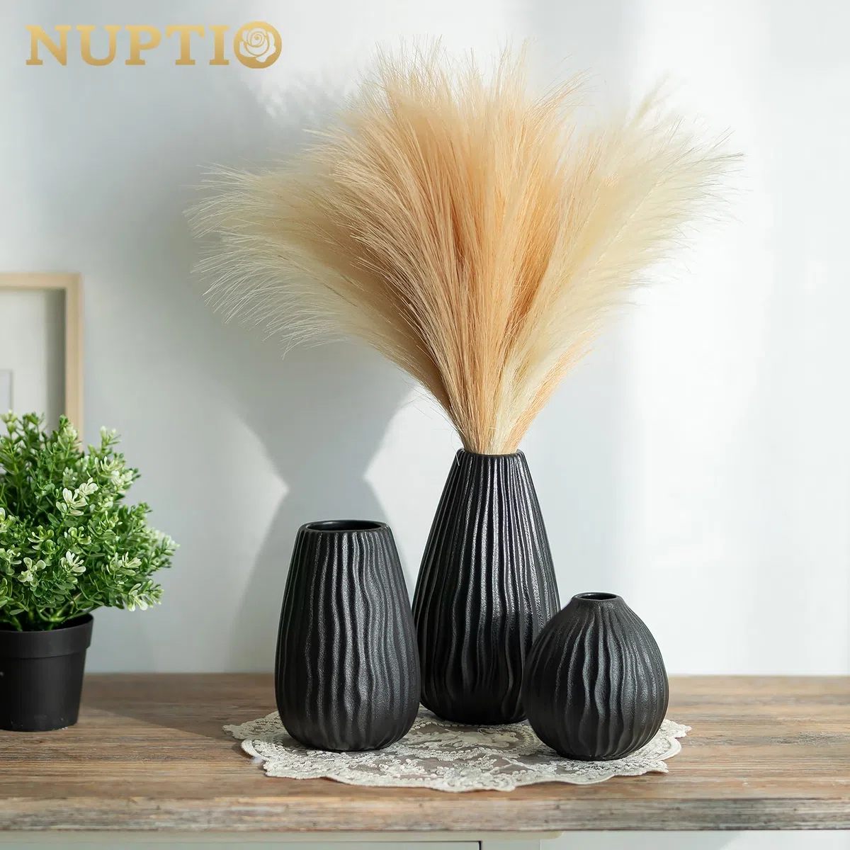 NUPTIO Ceramica Fiori Vaso Nero: Moderno Decorativi Pampas Vasi per Casa Camera Soggiorno Cucina Tavolo - 20cm+16cm+11cm Piccolo Boho Centrotavola per Matrimonio Set da 3 Pezzi