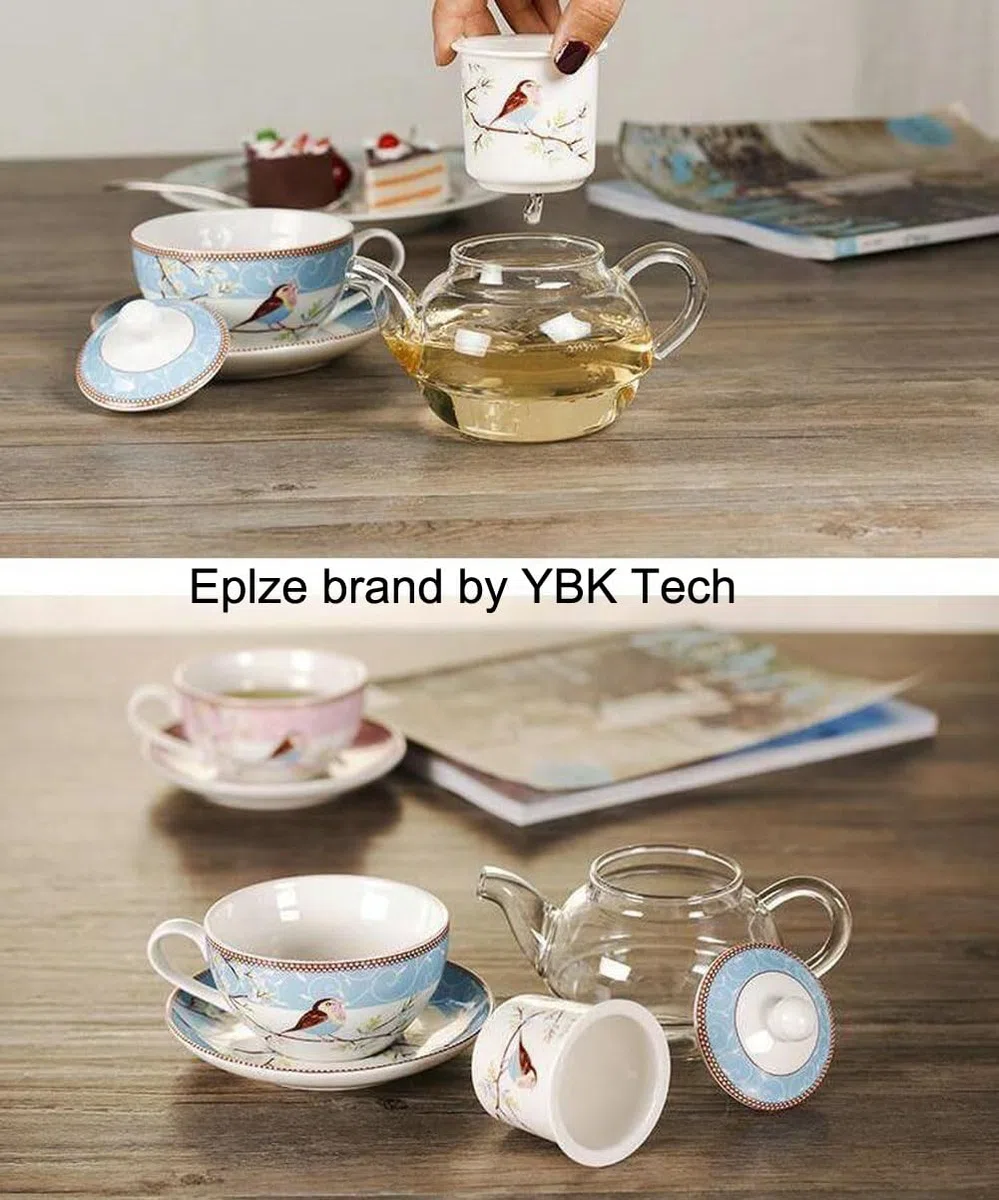YBK Tech Teiera in Vetro con Filtro in Porcellana, Set di Tazza e Piatto con Motivo Uccelli Felici, Teiera e Tazza per 1 Persona (Blu)