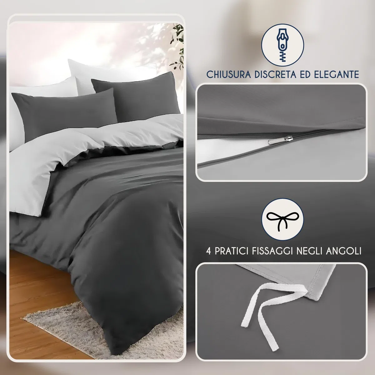 Dreamzie Copripiumino Matrimoniale 200x200 cm con 2 Federe 50x70 cm - Grigio Scuro/Grigio Chiaro Set Copripiumino Matrimoniale 200x200