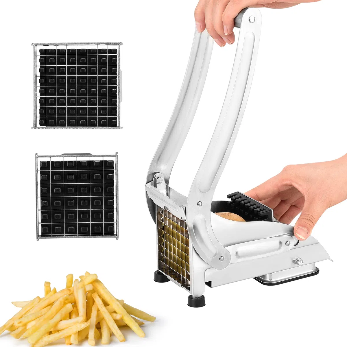 Weigudoc Tagliapatate in Acciaio Inossidabile, tagliapatatine Manuale con 2 Lame di Ricambio (12 mm e 9 mm), tagliapatatine Fritte con Piedini Antiscivolo, tagliapatatine per Frutta e Verdura