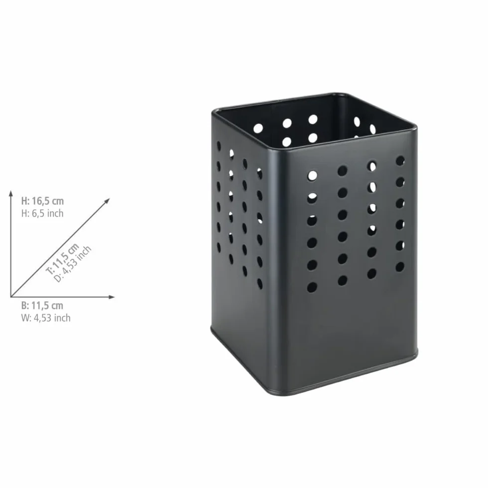 WENKO Portautensili Silio, supporto pratico per utensili da cucina realizzato in metallo verniciato a polvere, forma squadrata con fori, (L x A x P): 11,5 x 16,5 x 11,5 cm, nero opaco