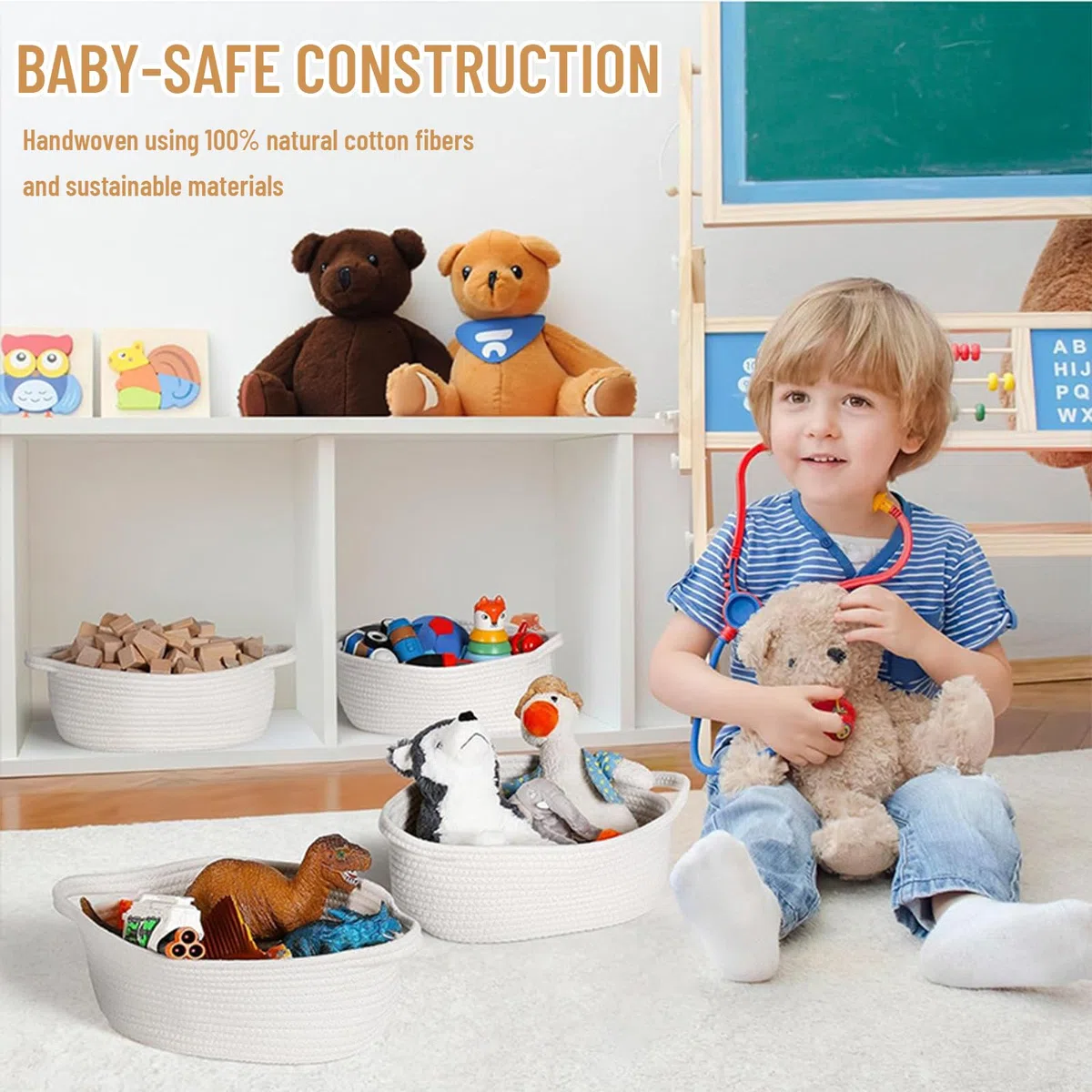 Weiß Cesta Intrecciata in Corda di Cotone con Manico, Cesto Regalo Vuoto, Pratico Cesto Contenitore per Giocattoli per Bambini, Organizzatore Decorativo per Camerette