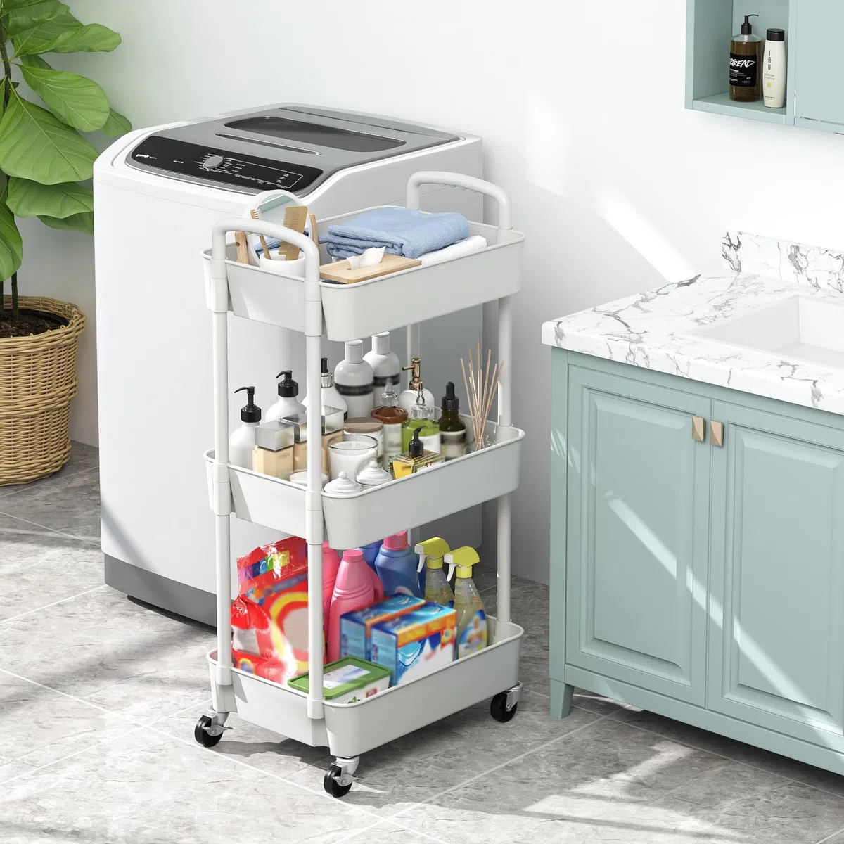 Sywhitta Carrello multiuso in plastica a 3 livelli con maniglia, carrello portaoggetti multifunzione per ufficio, soggiorno, cucina, organizer mobile con ruote, bianco