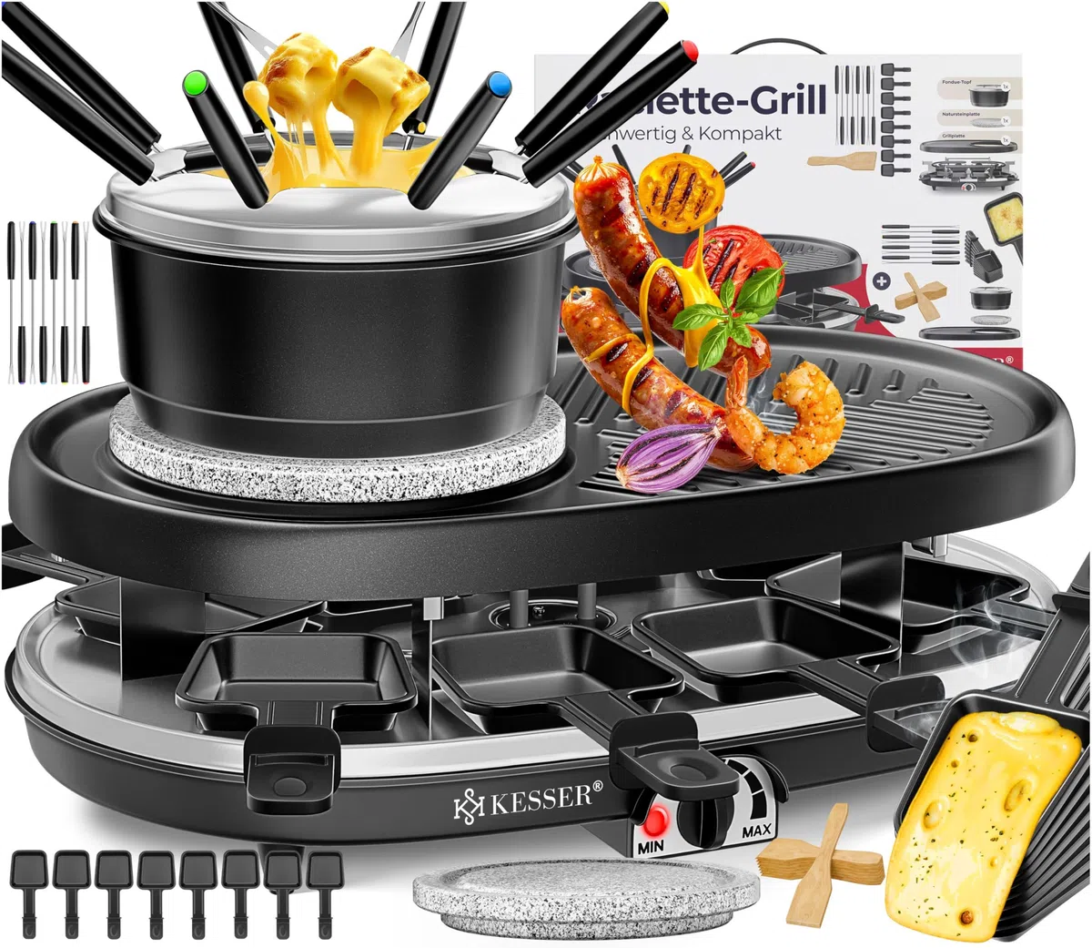 KESSER® Griglia per Raclette 3in1 con pietra naturale per grigliare, piastra per grigliare e fonduta, griglia da tavolo per 8 persone, griglia elettrica da raclette piastra antiaderente