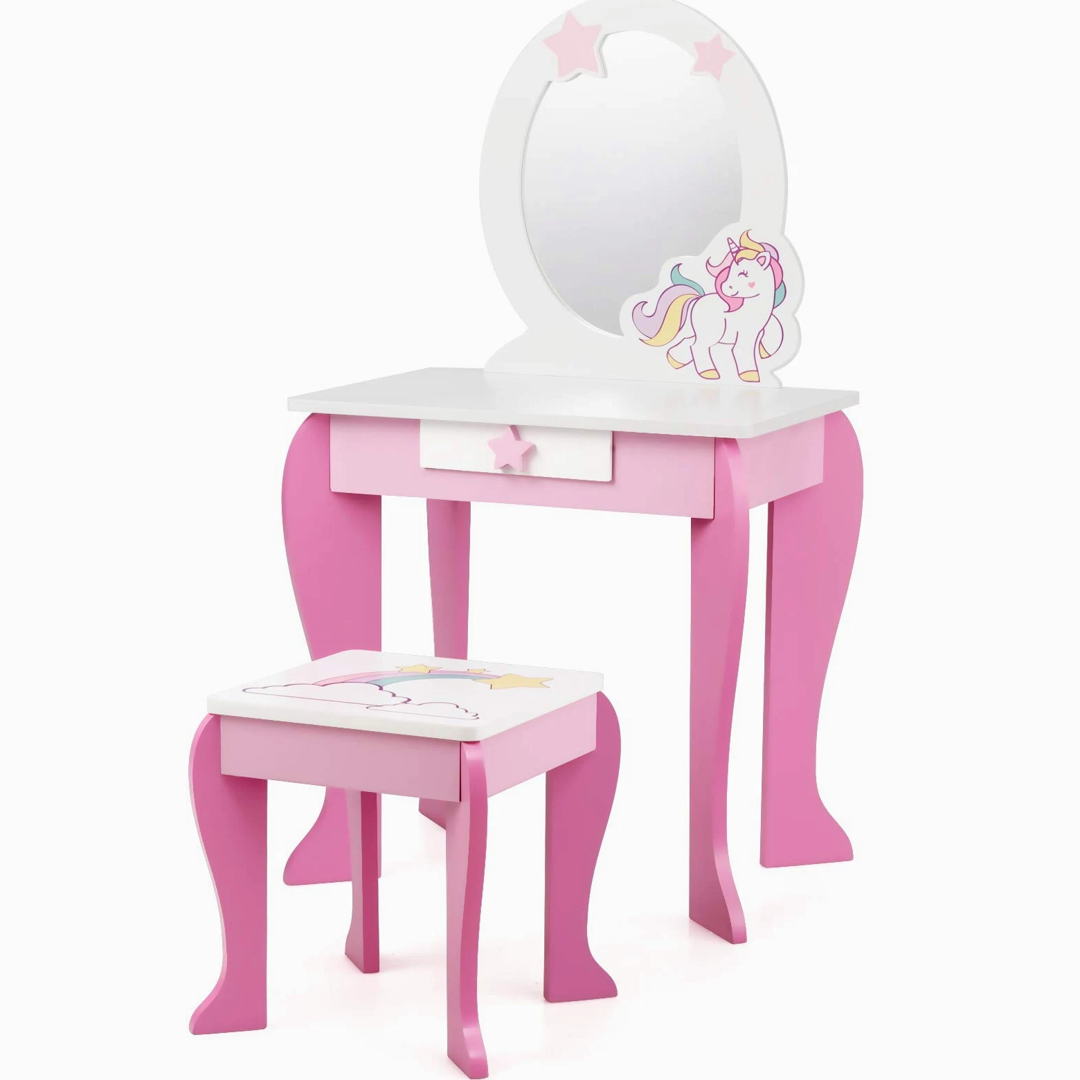 GIANTEX Set di Specchiera e Sgabello per Bambini, Tavolo da Trucco Giocattolo in Legno con Cassetto, Ideale Regalo per Ragazze di 3-7 Anni, con Portata di 15kg, 49x35,5x89cm (Rosa)