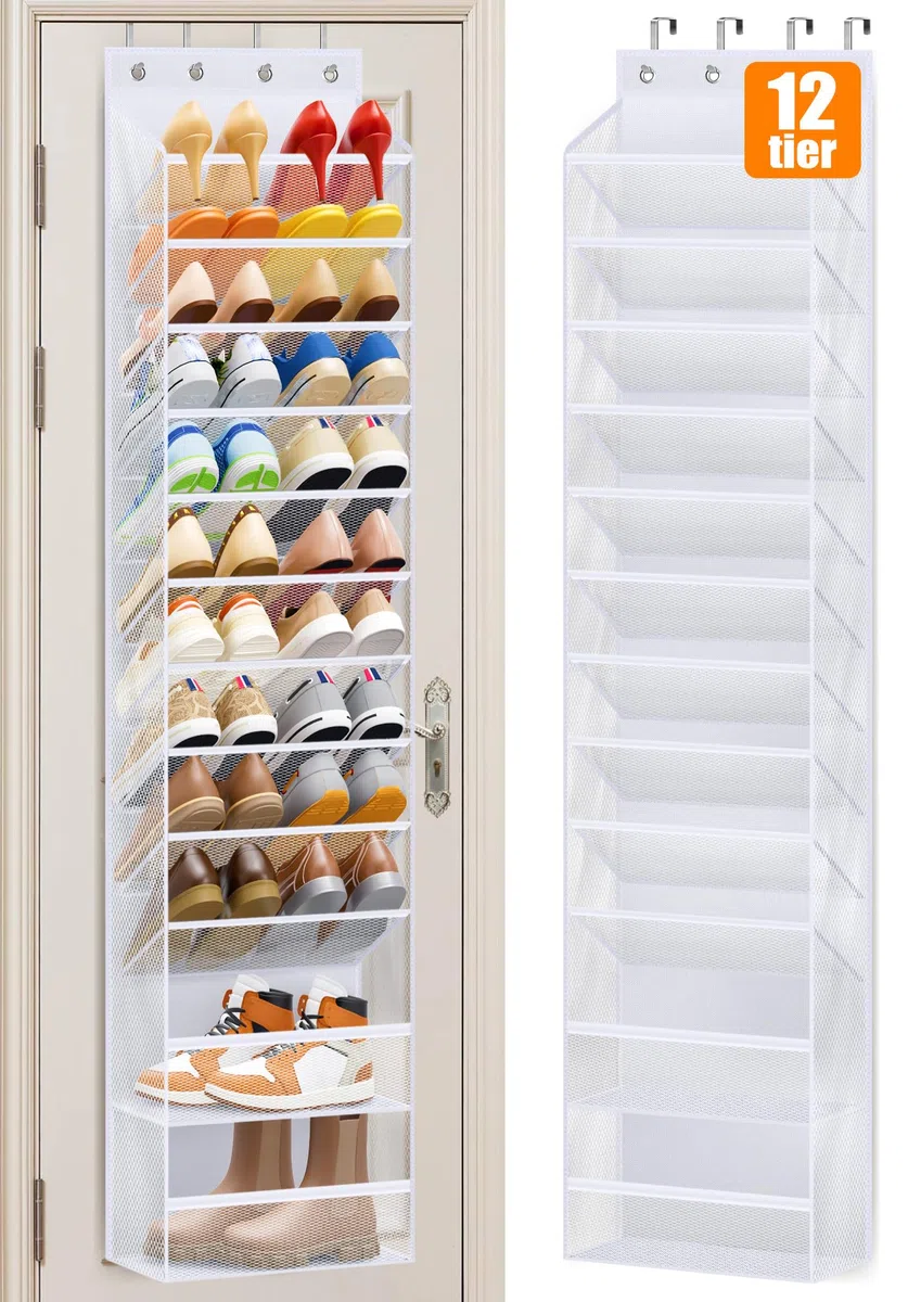 MISSLO Scarpiera a 12 ripiani da appendere alla porta, grande capacità, per porte, organizer per 24 paia di sandali, scarpe da ginnastica, stivali (bianco)