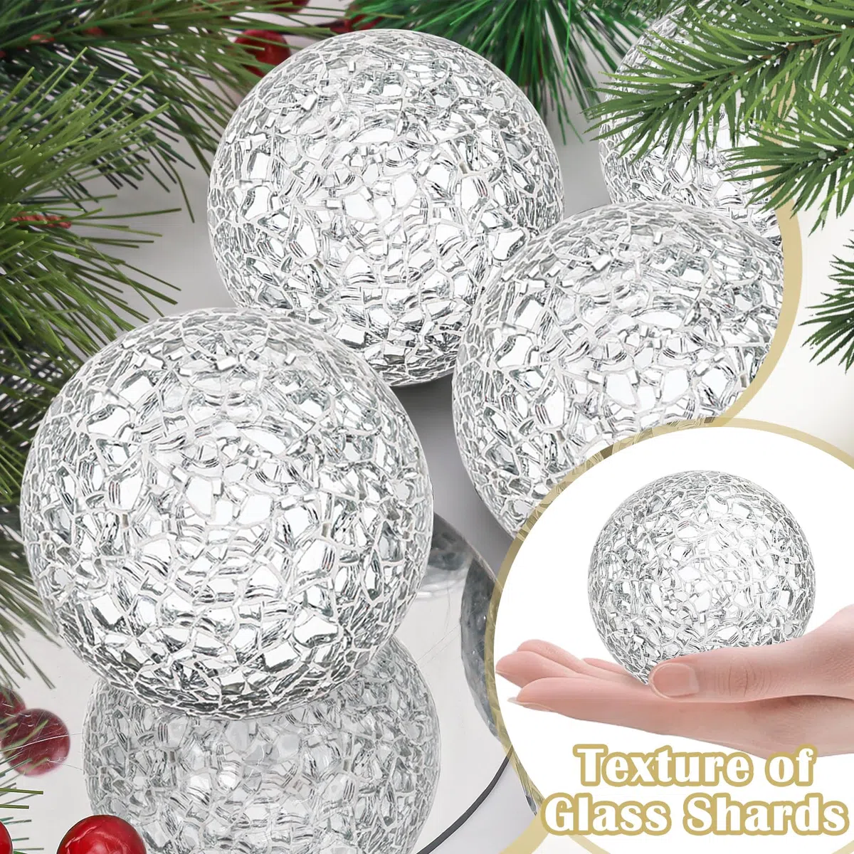 Palline a mosaico in vetro solido 6 pezzi/6 cm sfera in vetro specchio scoppiettante palle tavolino set vasi gruppo decorativo - argento