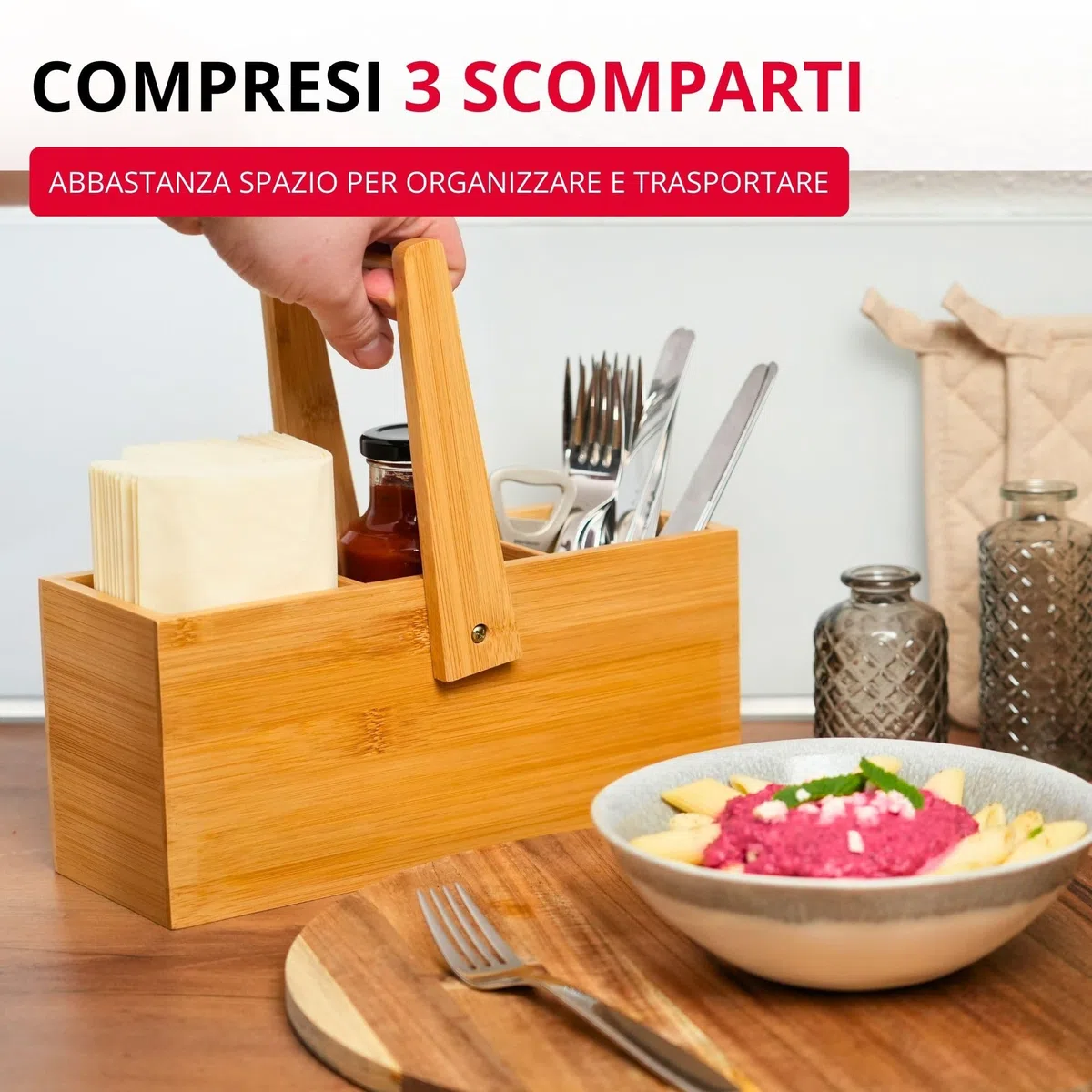 Westmark Cestino portaoggetti da cucina, 3 scomparti, Con maniglia, Dimensioni: 26,5 x 27,8 x 10 cm, Bambù, Tapas + Friends, Marrone chiaro, 69822270