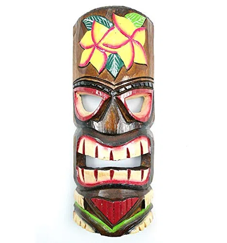 Coco Papaya Maschera Tiki 30 cm in legno motivo floreale. Decorazione Tahiti