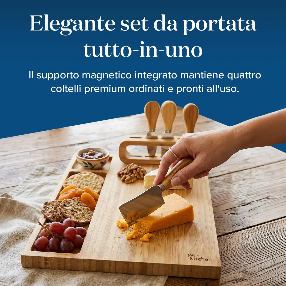 joeji's Kitchen Tagliere per Formaggi Aperitivo in Legno di Bambù - Set formaggio e coltelli con Quattro Utensili - Regali di Natale, regali di inaugurazione della casa, regali di anniversario