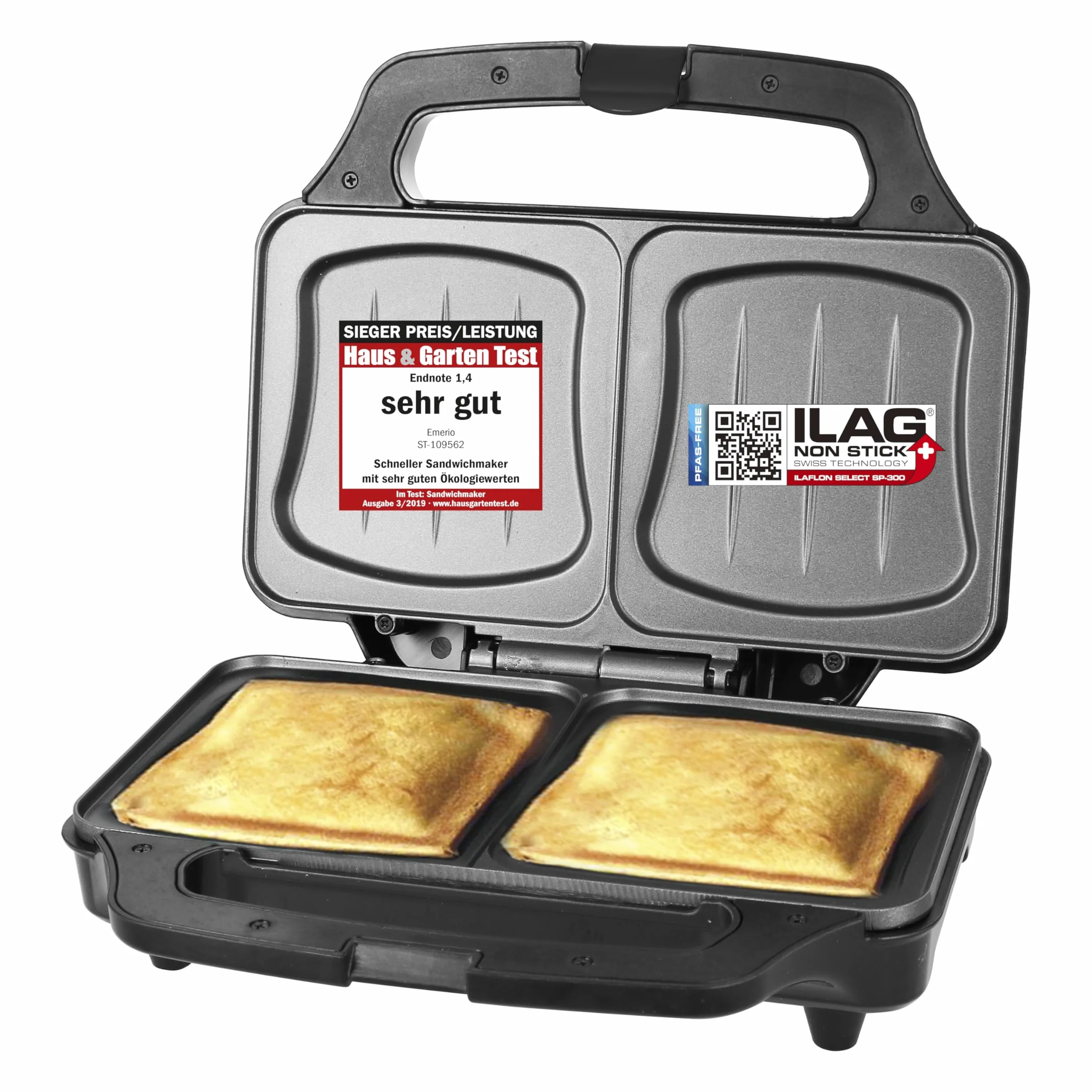 Emerio - Tostapane XXL adatto per toast di tutte le dimensioni, privo di BPA, forma a conchiglia, facile da pulire, il formaggio non cola, per la casa e il giardino, testato 03/2019, 900 Watt