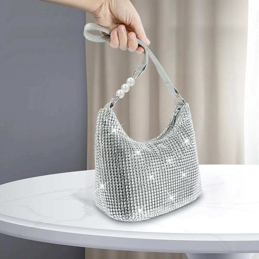 OSDUE Borsa da Sera con Pochette, Borse con Strass Fatte a Mano in Argento Lucido, Donna Pochette da Sera, Borsa a Tracolla Chic ed Elegante Borsa Tote per Serate Matrimoni Balli di Fine Anno Feste A