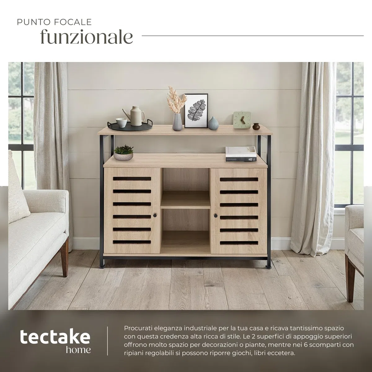 tectake® Credenza Cucina 100x37x82cm, Mobile Cucina, Dispensa Salvaspazio Armadio 2 ante, 2 Ripiani, Mensole Regolabili per Piatti e Pentole, Soggiorno, Sala da pranzo - Legno Industriale Chiaro