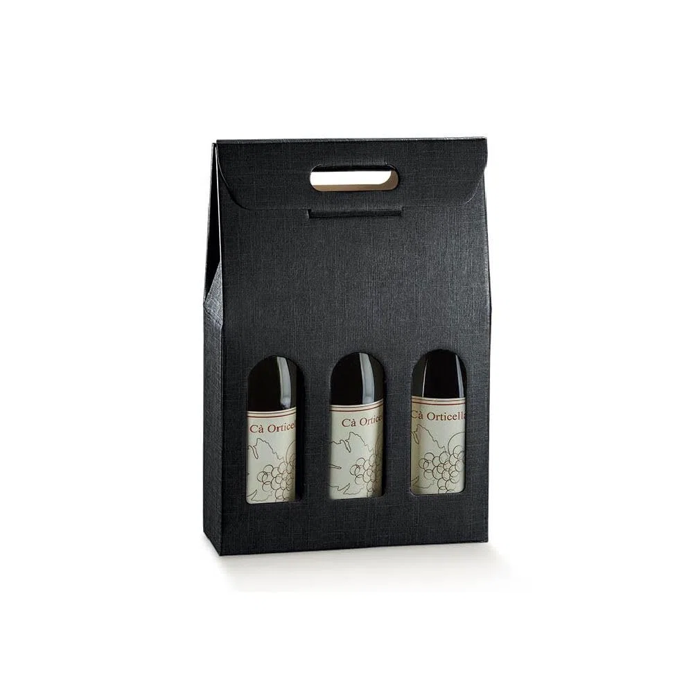 Generico 5 Scatole PORTABOTTIGLIE da 3 posti 27x9x38.5 cm con Finestre | 5 PORTA BOTTIGLIE 3 VANI CON MANICO MATRIMONI EVENTI SPECIALI (Seta Nero)