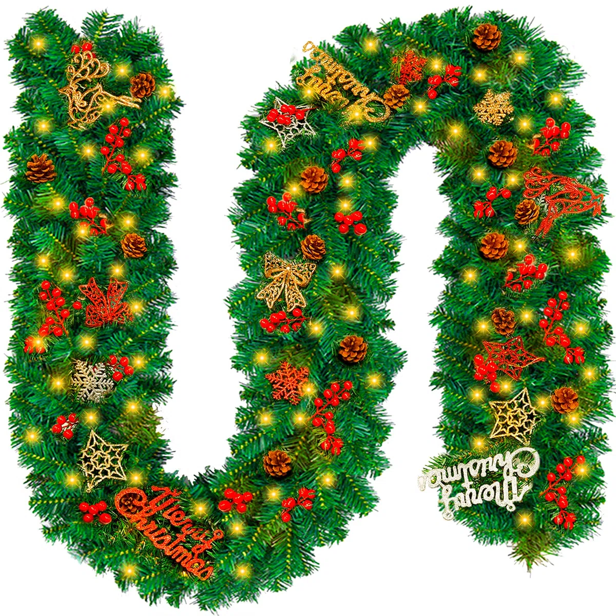 Ghirlanda Natalizia con Luci,2.7M LED Ghirlanda Natalizia per Porta Scale Camino Albero Di Natale Esterno Decorazioni,Festone Natalizio Rami Natalizi Decorazioni Natalizie per la Casa Interno