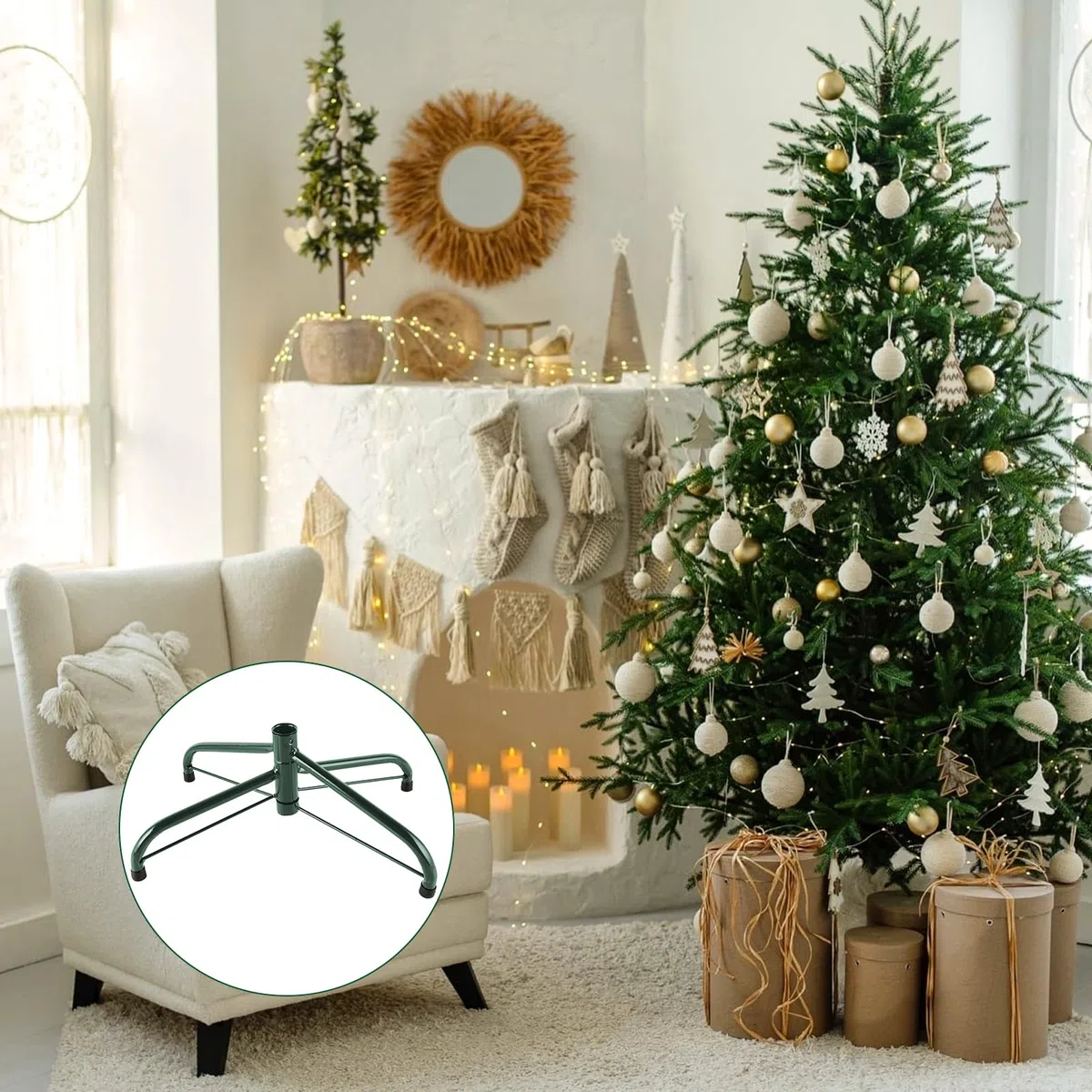 Supporto per Albero di Natale, Pieghevole, 40 cm, in Metallo, con Piedini in Gomma, Grande Stabile, per Interni ed Esterni, Decorazione Natalizia per Decorazioni Natalizie, Verde