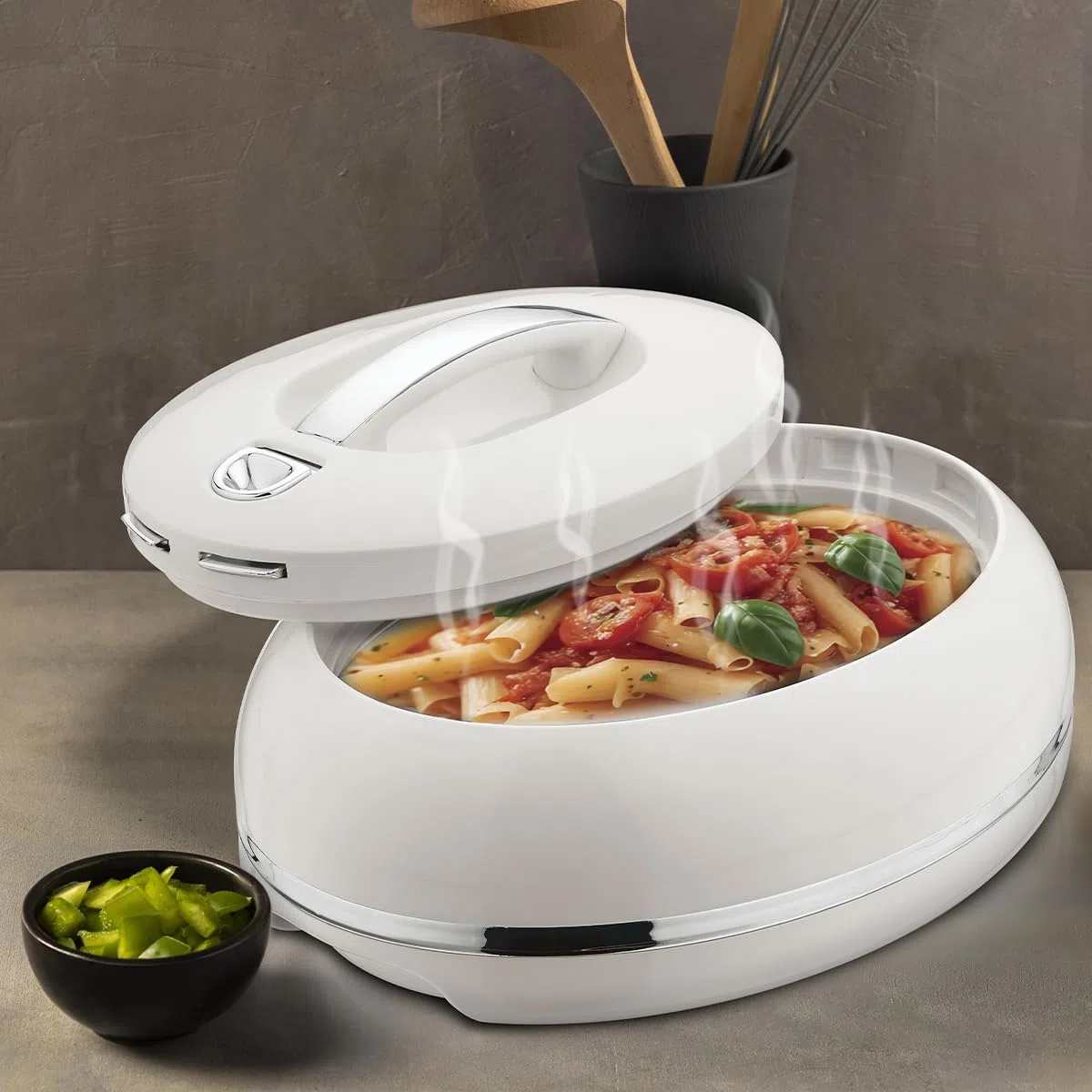 Elegante casseruola ovale isolata grande – coperchio aperto con una mano – 0,9 l – scaldavivande di lusso – ciotola termica per buffet/feste – contenitore per alimenti caldi in acciaio inox – argento