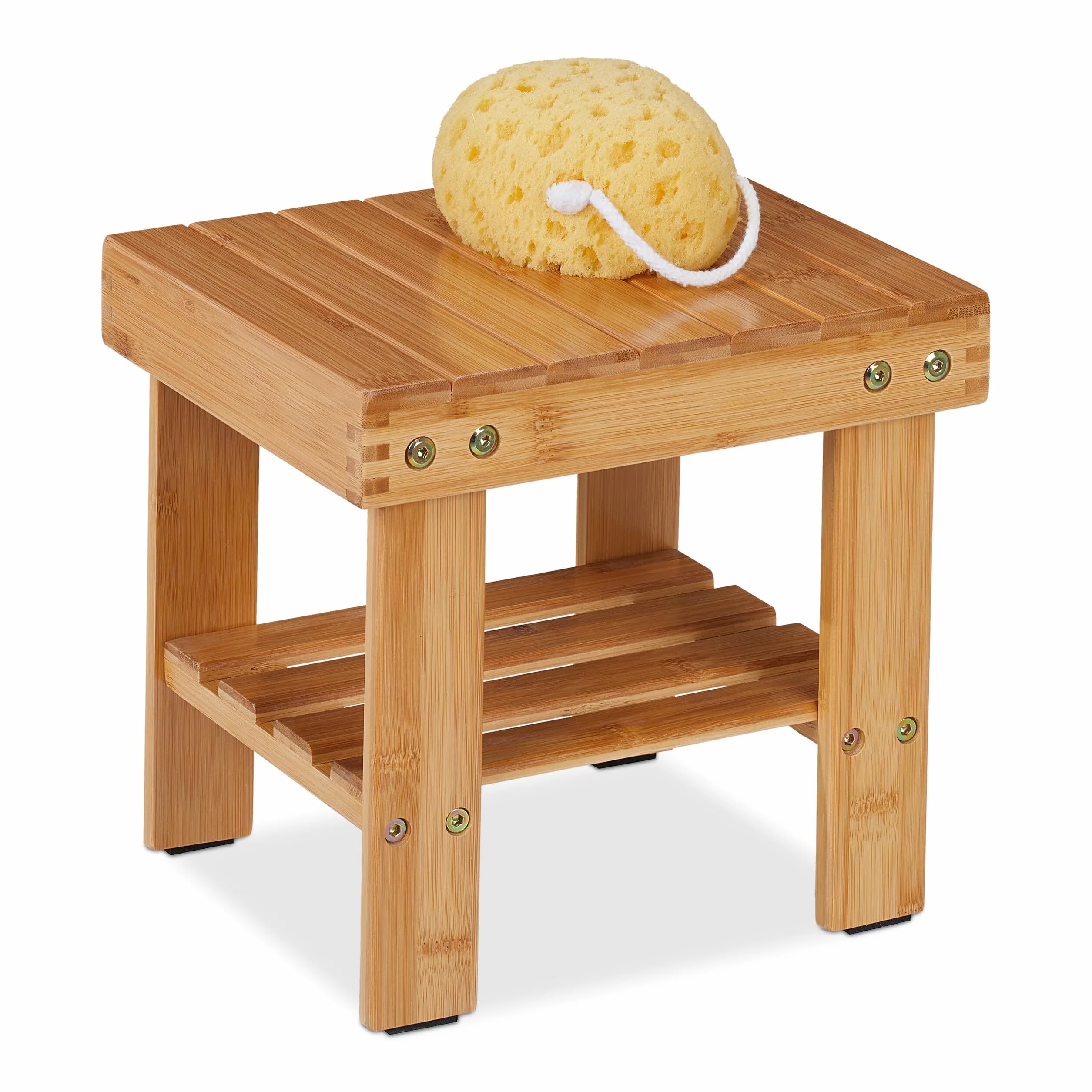 Relaxdays Sgabello da Bagno con Ripiano, Mobiletto in bambù, 26 x 27 x 22,5 cm, Sgabellino per Corridoio, Marrone Chiaro
