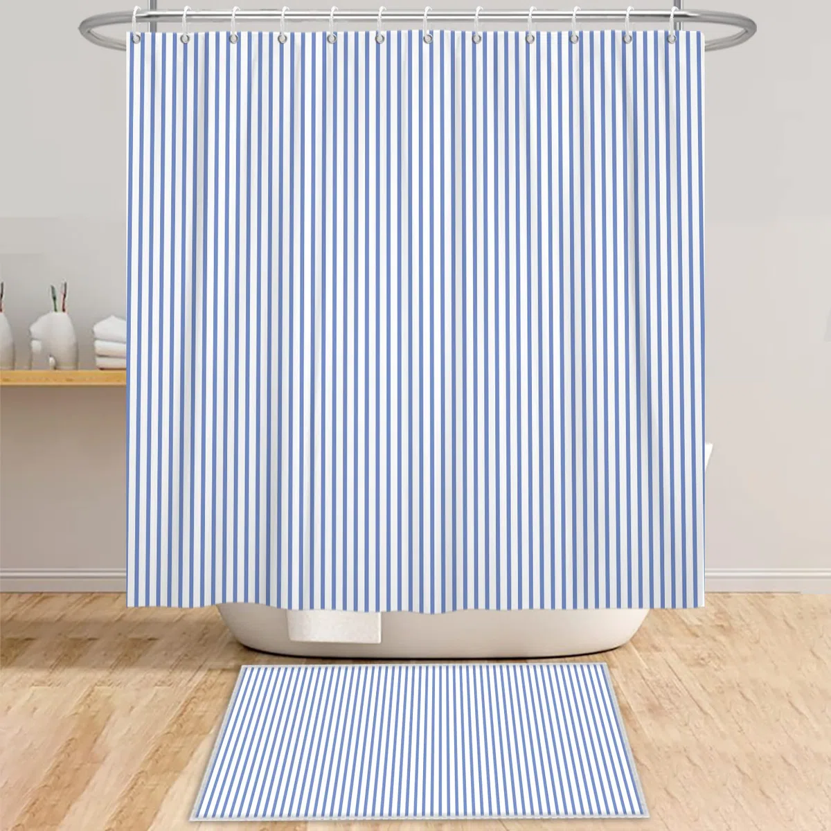 180x200cm Tenda da Doccia per Bagno, Blu Bianco Tende da Doccia a Righe Verticali Tenda Decorativa per Bagno Europeo Tenda da Bagno Impermeabile per la Decorazione della Vasca
