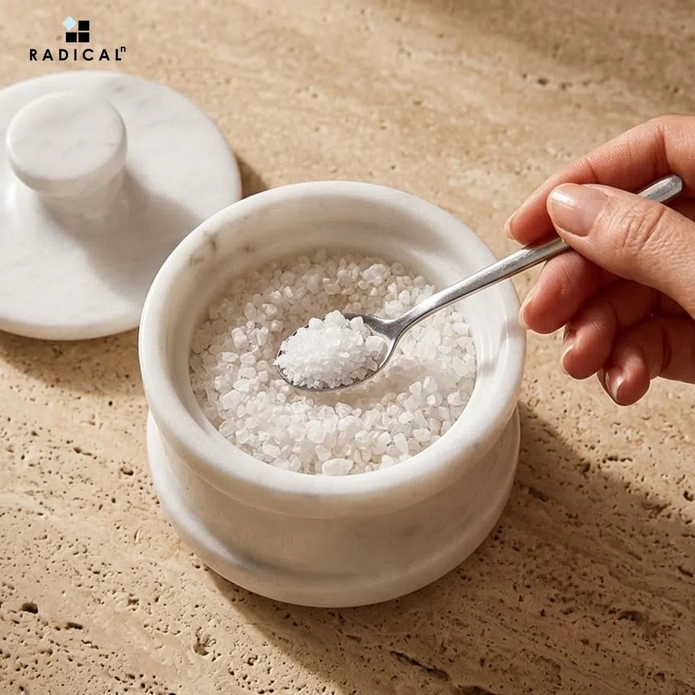 Radicaln Saliera bianca in marmo con coperchio, 8,9 cm, contenitore per condimenti e barattoli per spezie, porta sale in pietra per bancone, barattolo per spezie