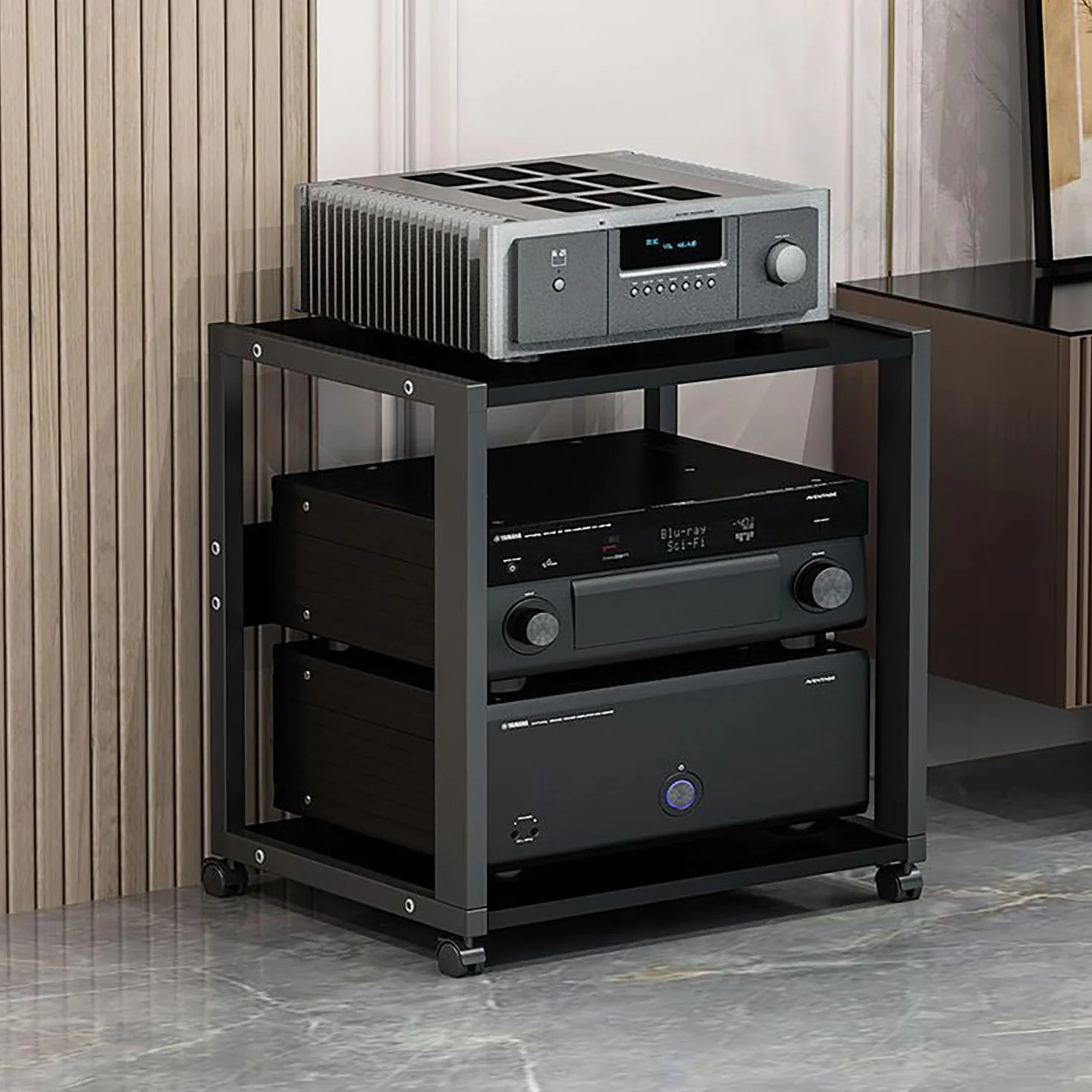 Rack Audio Mobile Con Ruote Universali, Av Tower Media Stand Supporto, 2/3/4/5 Livelli Armadio Audio HiFi Rack, Scaffale AV Per Rack HiFi Mobile, Per Soggiorno, Sala Teatro, Centro Intratte(Black,H49c