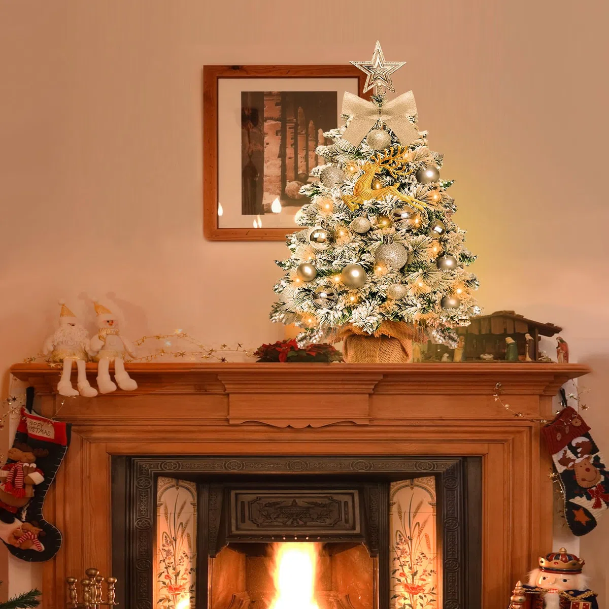 Mini Albero di Natale Artificiale Piccolo,60 cm Albero di Natale Piccolo con Luci con 23 Decorazioni Natalizie Fai da Te,Albero di Natale con Adatto per Natale e Capodanno﻿ (floccaggio)