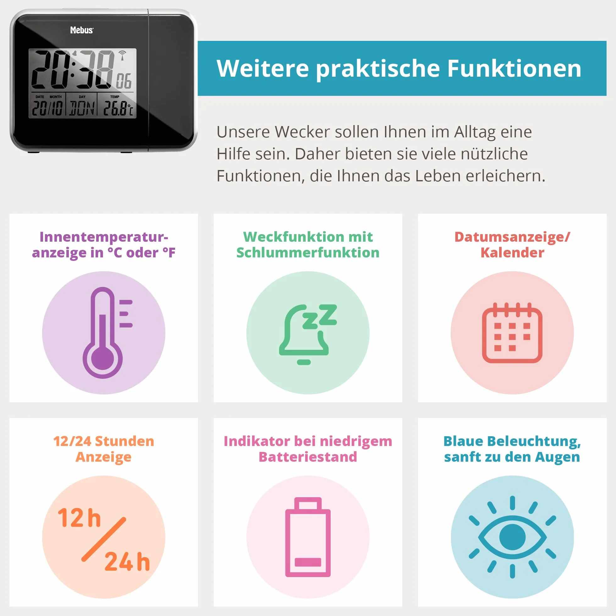 MEBUS digitaler Funkwecker mit Projektion der Uhrzeit an Decke Wand, INKL. Netzstecker, Batteriebetrieb Möglich, Dauerprojektion, schwenkbar, Thermometer/Farbe: Schwarz/Modell: 42425