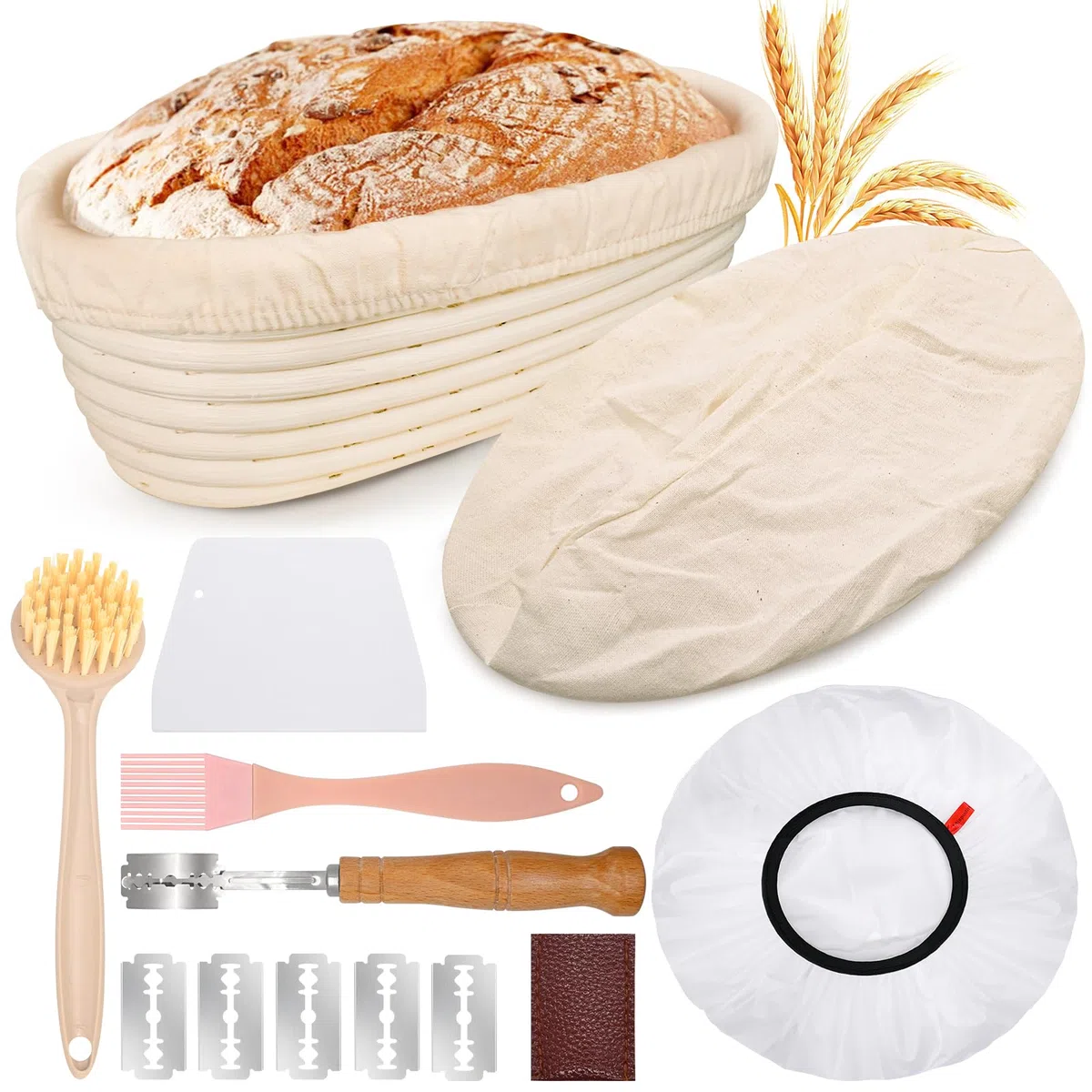 Cestino Lievitazione Pane Ovale 28 cm per 700g di Impasto, Set Cestino Pane in Rattan Naturale con Panno di Lino, Coperchi per Lievitazione, Taglierino, Spazzole - Kit Panificazione Avvio