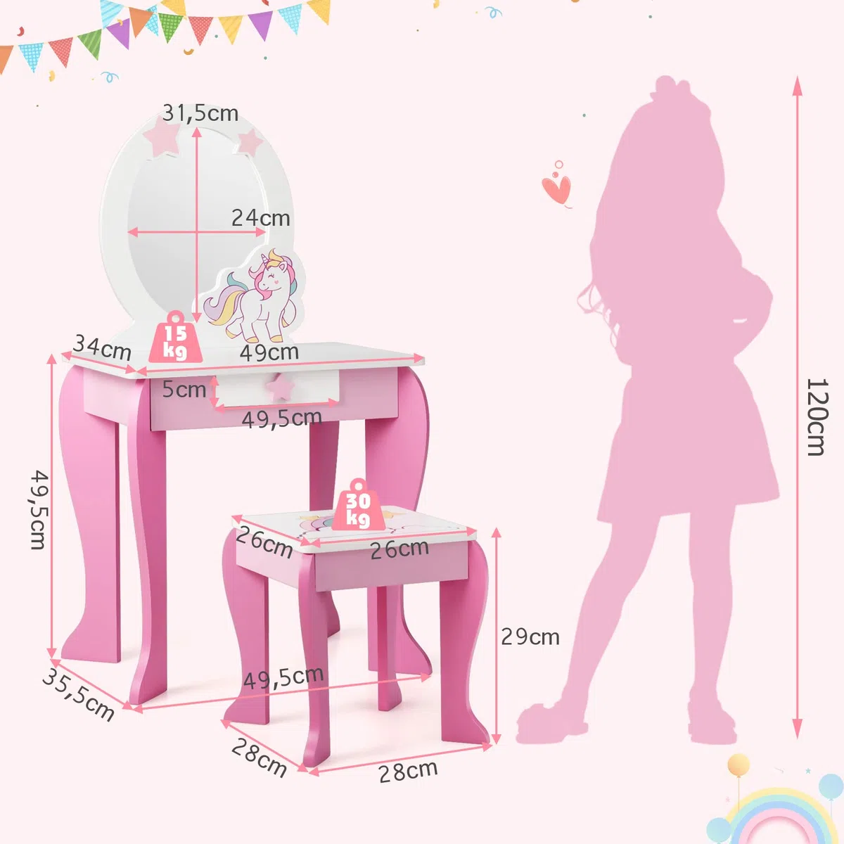 RELAX4LIFE Toeletta da Trucco con Sgabello per Bambini, Scrivania con Specchio Rotondo Rimovibile, Cassetto con Manopola a Stella, Scrivania e Sedia per Cameretta, Modello Unicorno (Rosa)