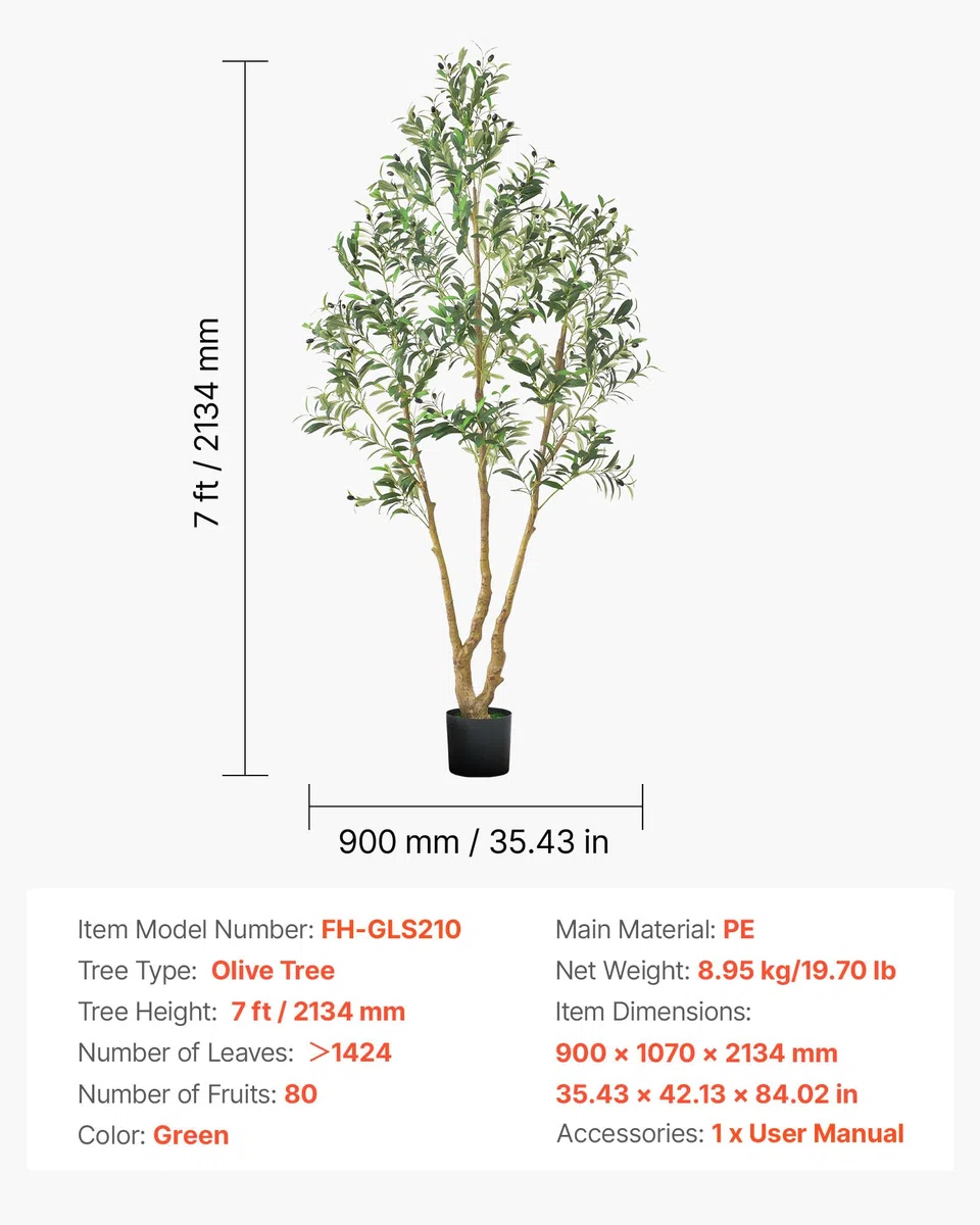 VEVOR Albero Artificiale da Interno da 2134 mm con Vaso Nero, Albero di Ulivo Artificiale con Tronco in Legno Naturale e Foglie e Frutti Verdi Realistiche, per Casa, Soggiorno, Decorazione d'Angolo