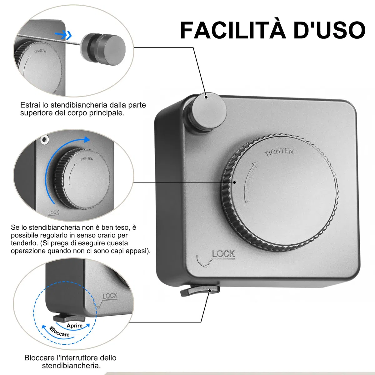 LIVEHITOP Stendibiancheria Retrattile, Corda Stendino da Parete Anti-Cedimento Acciaio Inossidabile Filo per Bucato 4.6M Regolabile Interni Esterno (Grigio)