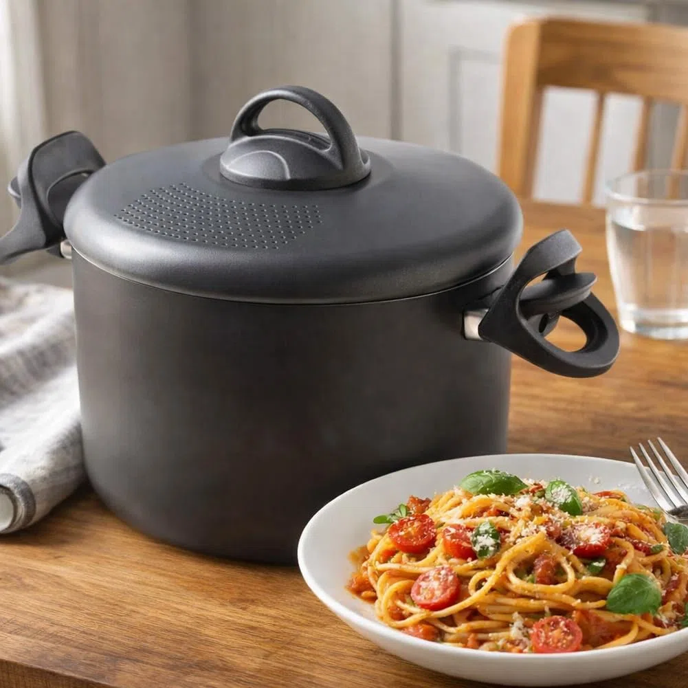 BAKAJI Pentola Scolì da 22 cm con Scolapasta Integrato, Coperchio Autobloccante, Manici Mobili ed Ergonomici, Antiaderente in Alluminio, Colore Grigio, Ideale per Pasta e Spaghetti