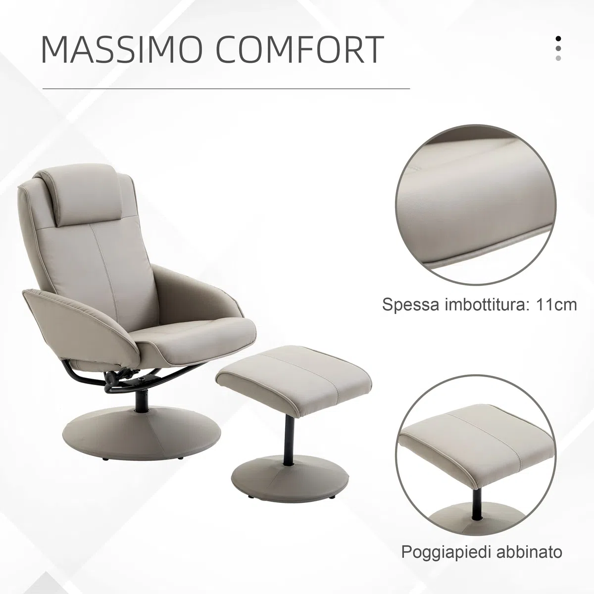 HOMCOM Poltrona Relax Reclinabile con Pouf Poggiapiedi Abbinato e Rivestimento in Finta pelle, 71x78x101cm, Grigia