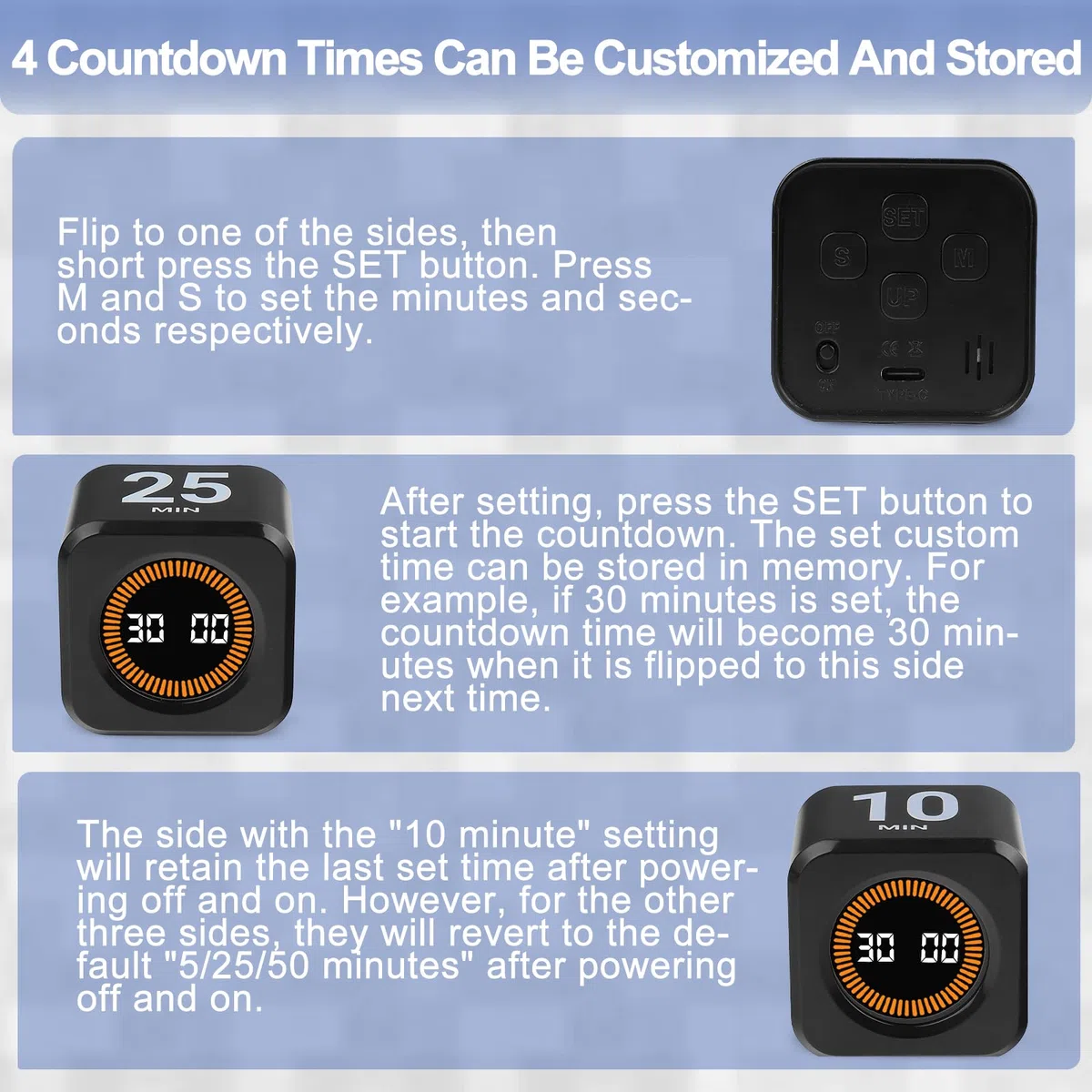 Cuteefun Timer Visuale Cubo, Timer Pomodoro a Rotazione, 5/10/25/50 Minuti & Conto Alla Rovescia Personalizzato, Modalità Muto e Suoneria, Gestione del Tempo per Cucina, Studio, Riunioni, Nero
