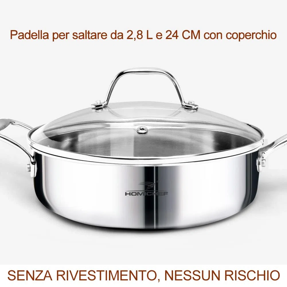 HOMICHEF 14 pezzi set di pentole in acciaio inox senza nichel, rivestito in 3 strati - Set di pentole e padelle lucidate a specchio - Pentole salutari con vaporiera - Pentole a induzione atossiche