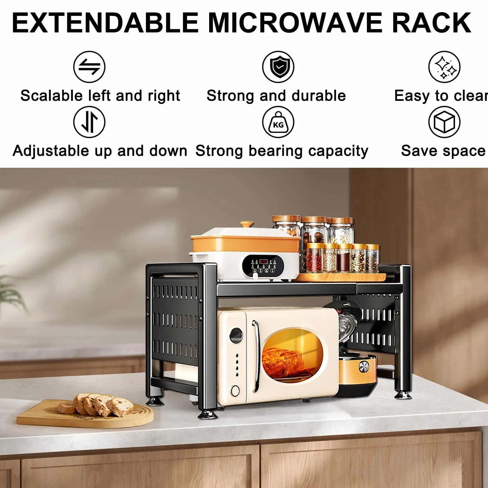 UCAMP Mensola Microonde Estensibile,Regolabile Microonde Scaffale,Acciaio Carbonio Ripiano Contatore Cucina Organizzatore Ripiani,Scaffale Salvaspazio,Supporto Microonde con 10 Ganci