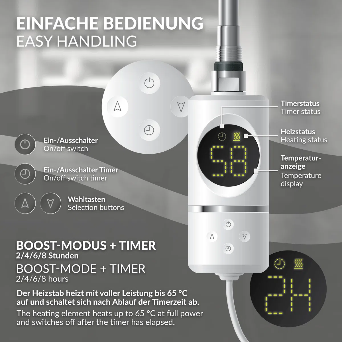 LuxeBath Resistenza Elettrica 300 W a Immersione Elemento di Riscaldamento per Calorifero Radiatore Termosifone con Termostato Controllo della Temperatura Bagno e Schermo LCD Design Moderno Bianco