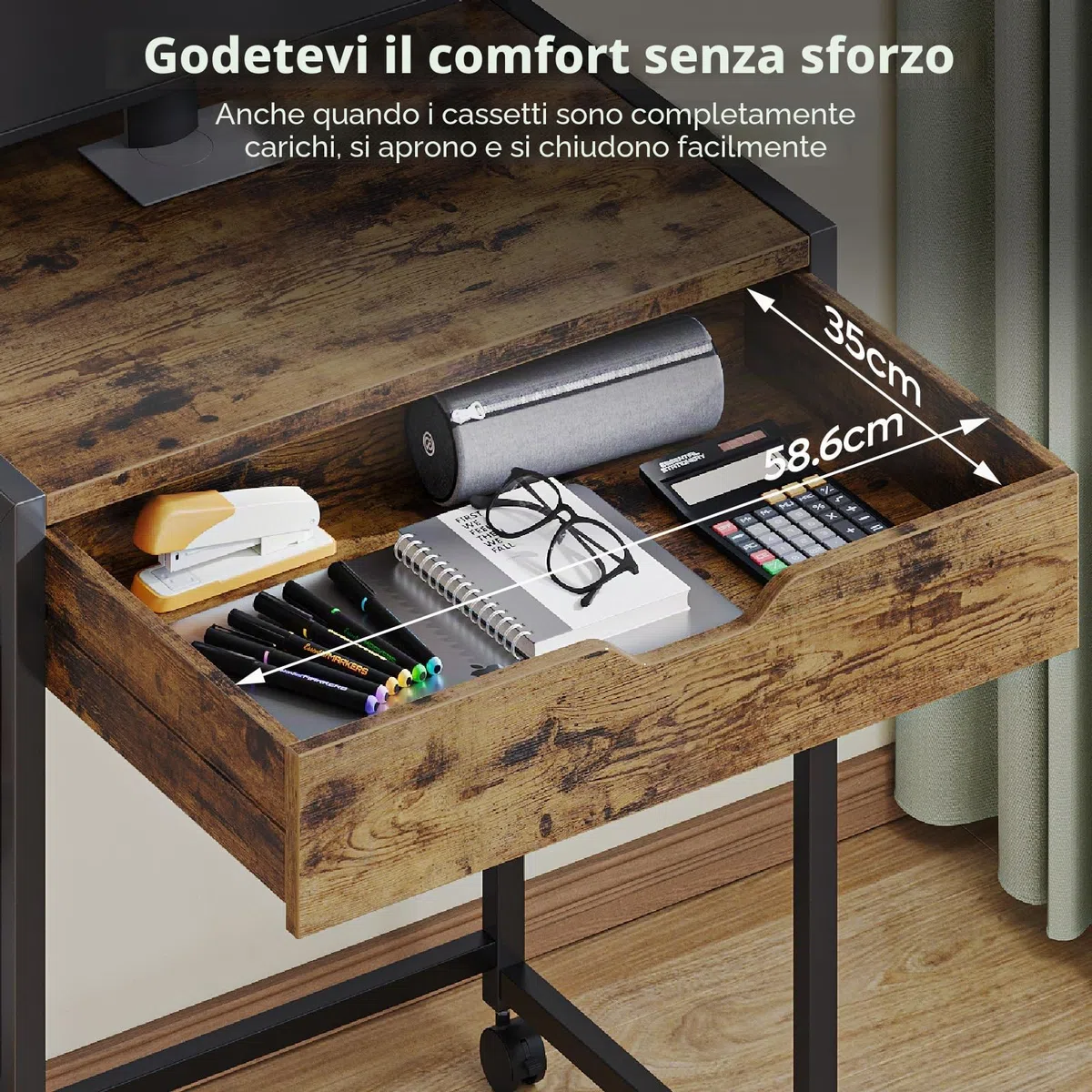 Bestier Piccolo tavolo per computer da 64 cm, con vano portaoggetti e cassetti, adatto per studio, camera da letto, soggiorno e spazi compatti (nero)