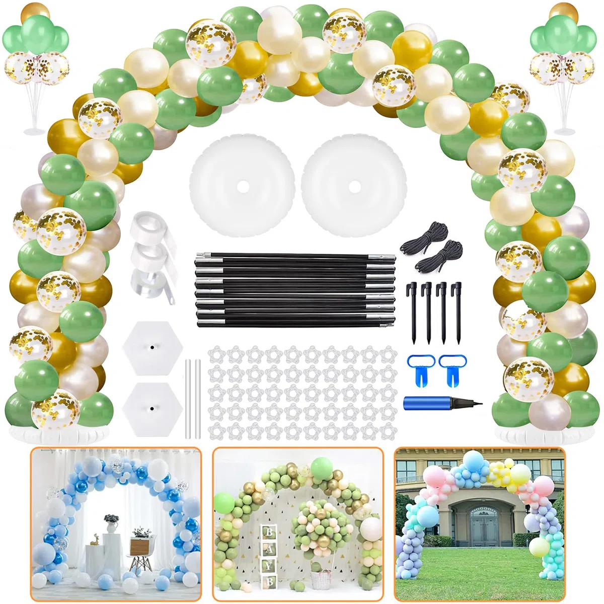 Kit regolabile per arco di palloncini, 3,1 m, riutilizzabile, con 2 basi riempibili con acqua e 50 clip per palloncini e asta in fibra pieghevole, per matrimoni, lauree, compleanni, decorazioni
